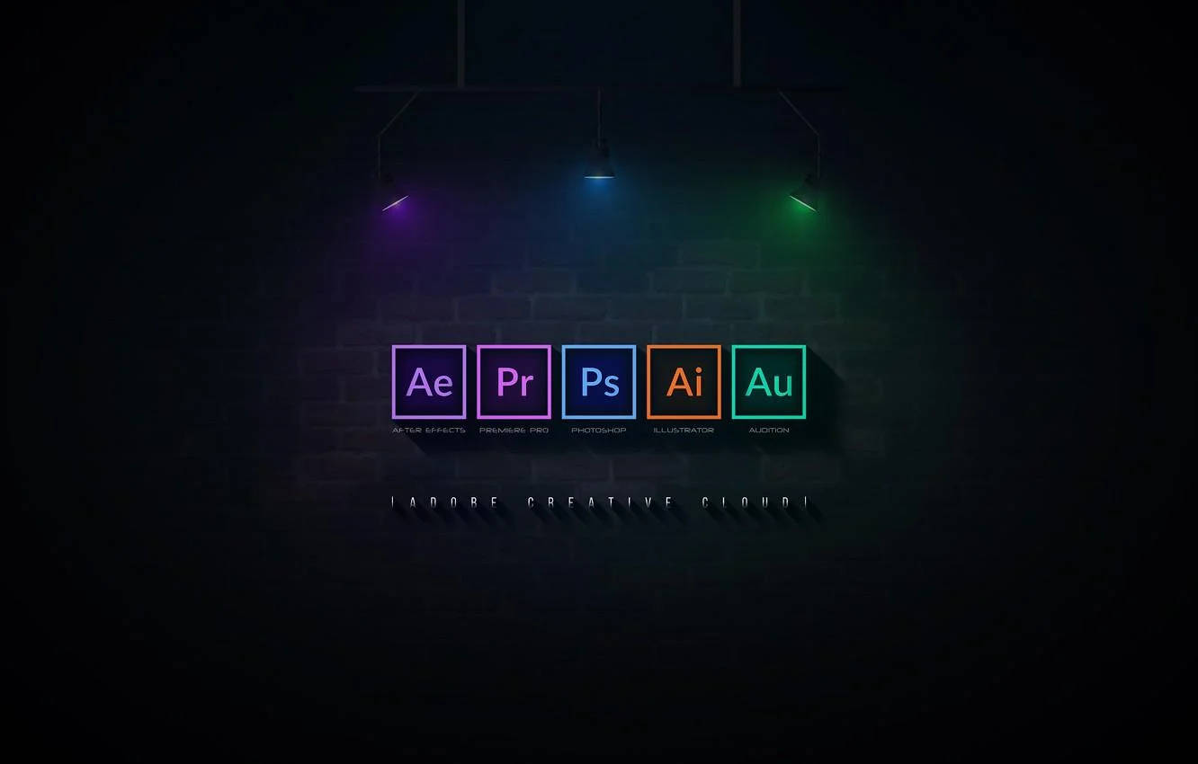 桌布 壁紙 — 五個發光的 Adobe Creative Cloud 應用程式圖示懸掛在彩色聚光燈下，背景是深色磚牆。