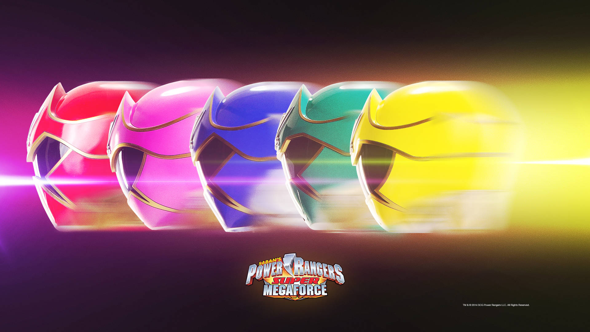 Power 桌布 壁紙 — 五個發光的 Power Rangers 頭盔，分別為紅色、粉紅色、藍色、綠色和黃色，在深色漸變背景上散發能量。