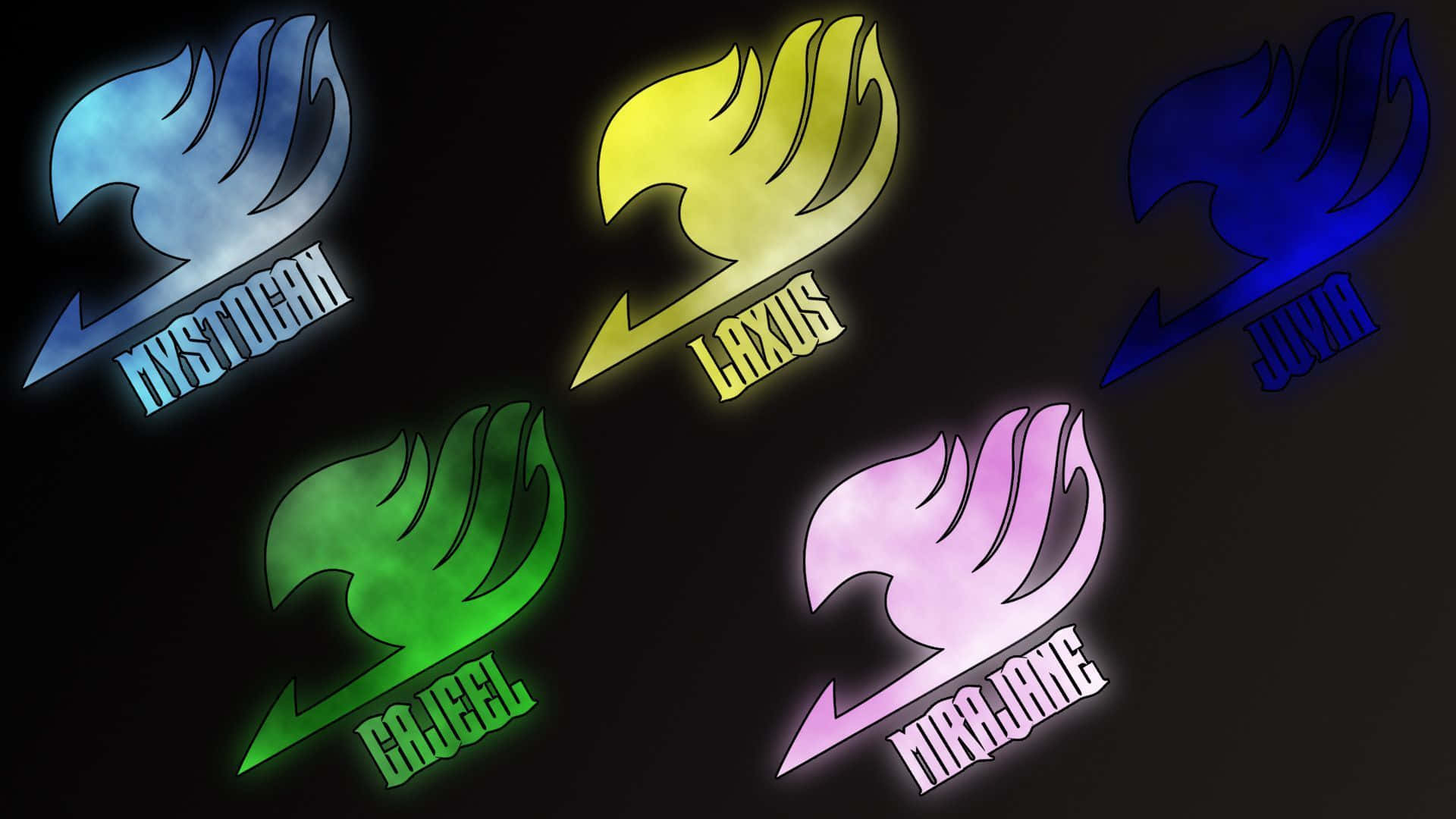 Fairy Tail Logo 桌布 壁紙 — 五個發光的妖精尾巴公會徽章，分別為藍色、黃色、綠色、紫色和粉紅色，背景為深色。