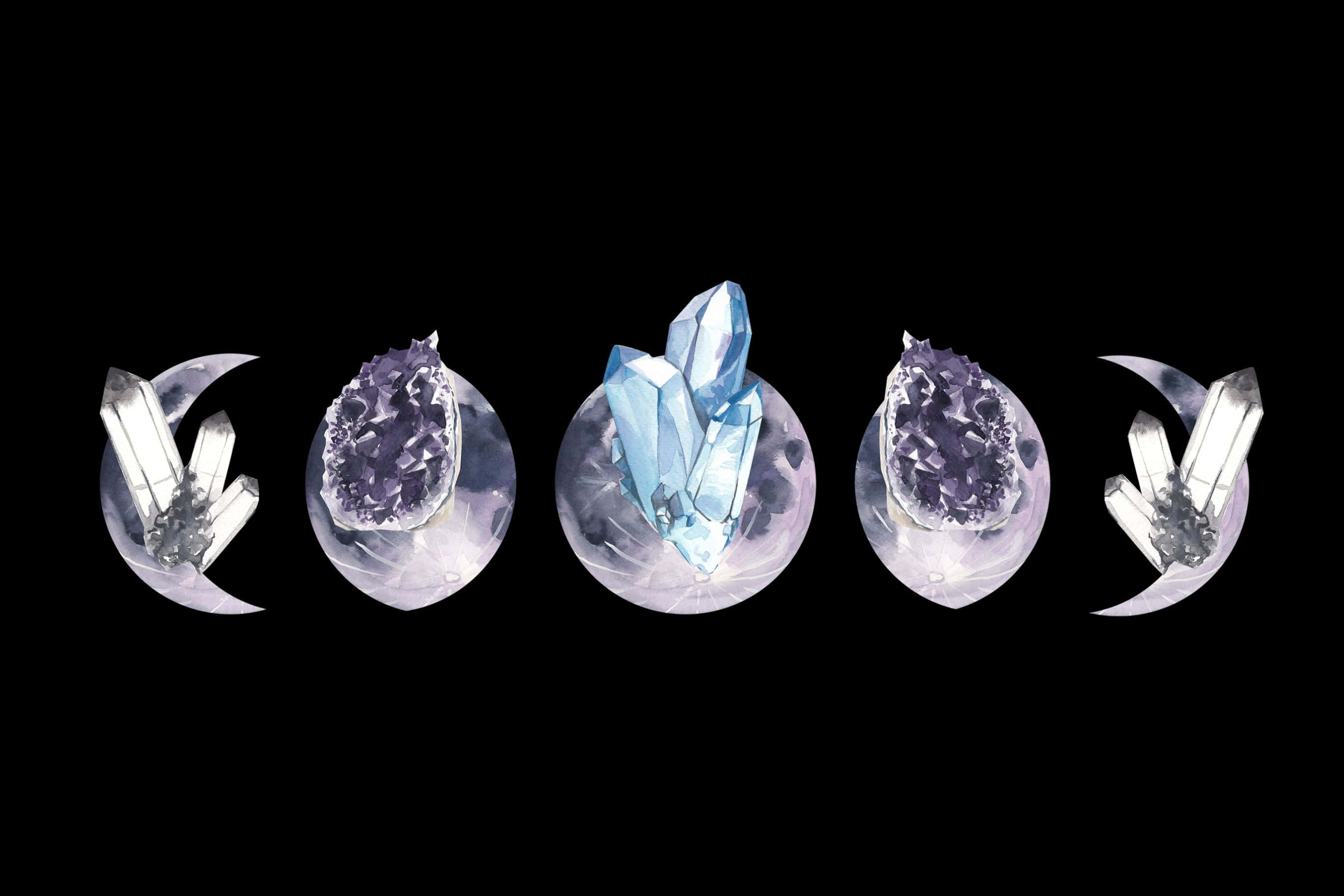 2736x1824 桌布 壁紙 — 五個發光的水晶結構位於球體中，背景為黑色，每個都散發出空靈的光芒。