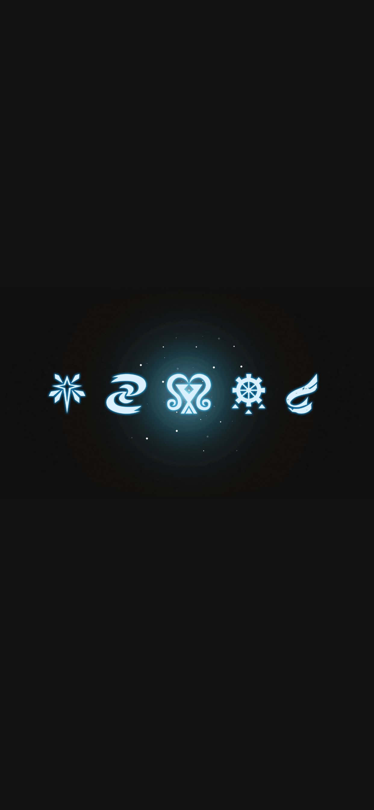 電玩遊戲 桌布 壁紙 — 五個發光的藍色風格化符號在黑暗背景上漂浮，帶有柔和的光暈。