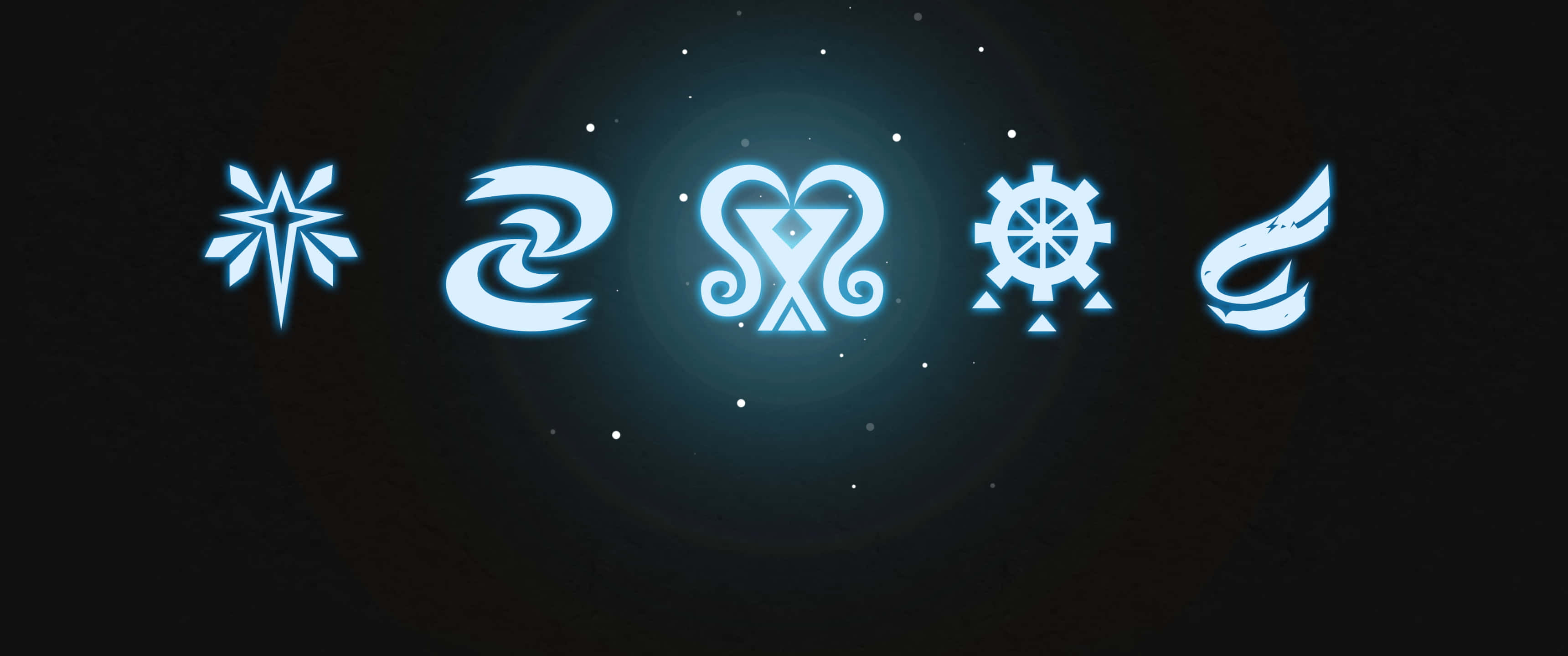 Glowing 桌布 壁紙 — 五個發光的藍色風格化符號漂浮在黑暗星空背景上，帶有柔和的光暈。