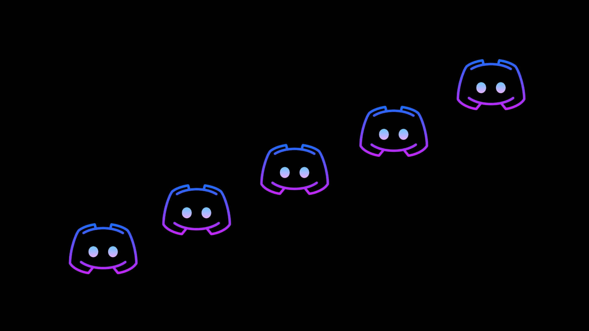 Discord 桌布 壁紙 — 五個發光的霓虹燈Discord標誌沿對角線上升，背景為黑色，帶有從藍色到紫色的漸變。