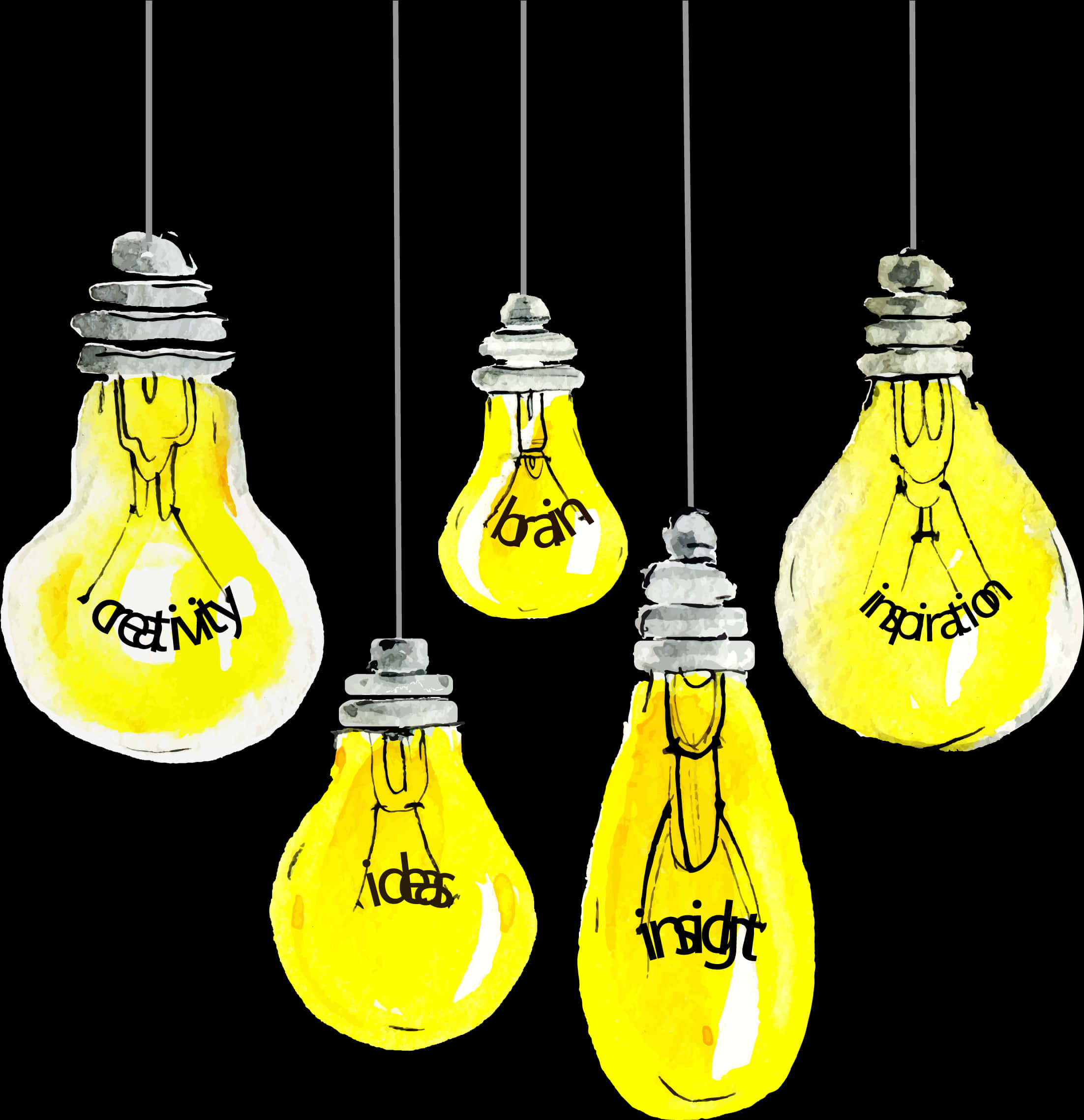 Bulb 桌布 壁紙 — 五個發光的黃色燈泡懸掛在黑色背景上，每個都標有創意、想法、洞察力、大腦、靈感，以水彩風格呈現。