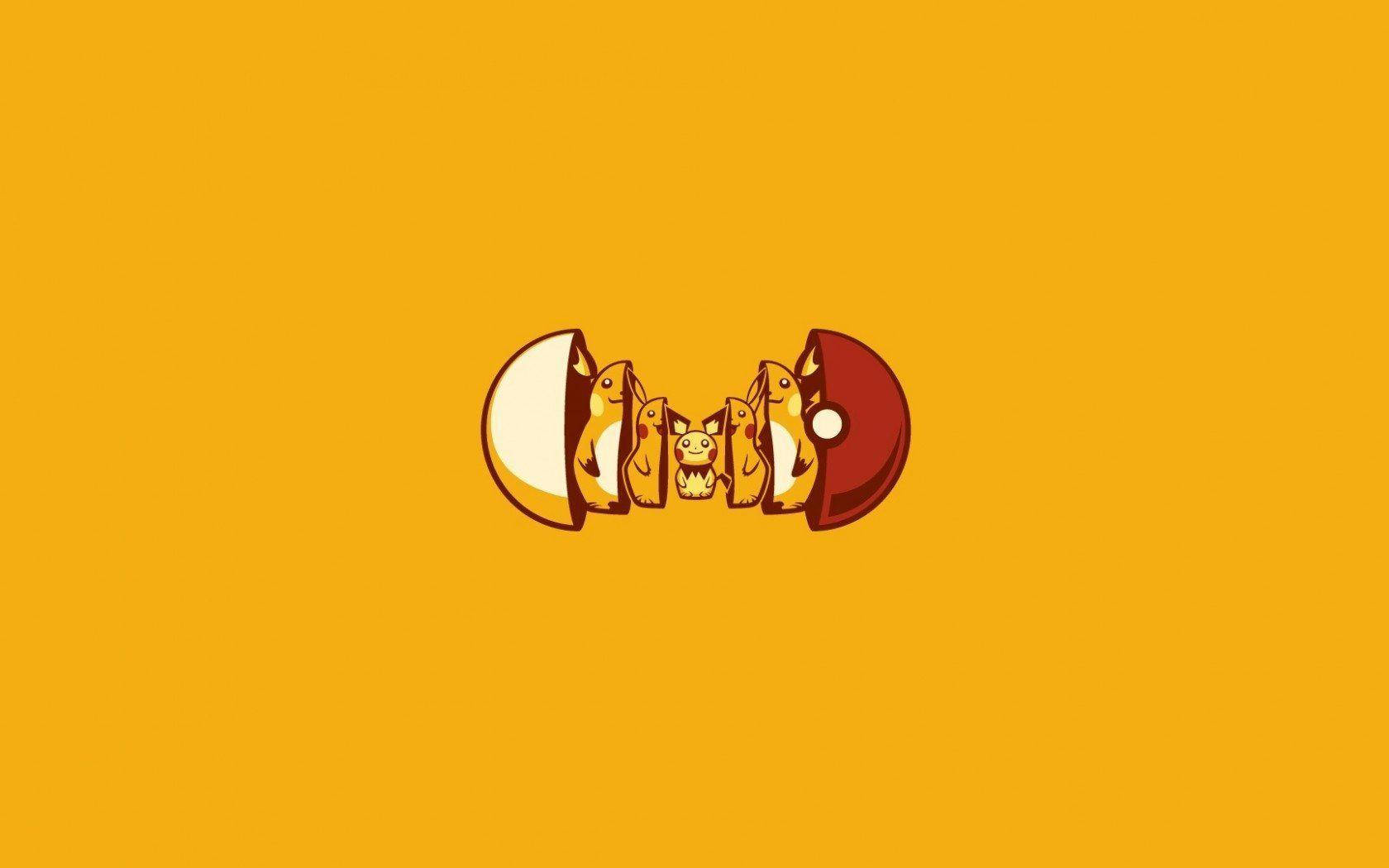 Raichu 桌布 壁紙 — 五個皮卡丘角色從一個分裂的精靈球中出現，背景為純橙色。