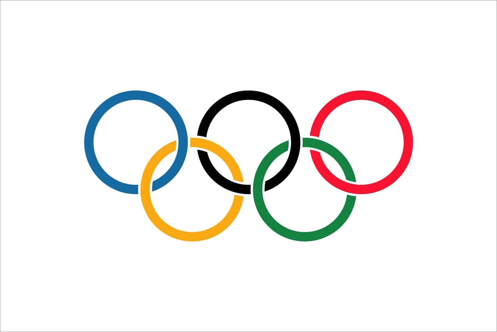 Olympics 桌布 壁紙 — 五個相互交織的奧運環，顏色為藍、黃、黑、綠和紅，位於純白色背景上。