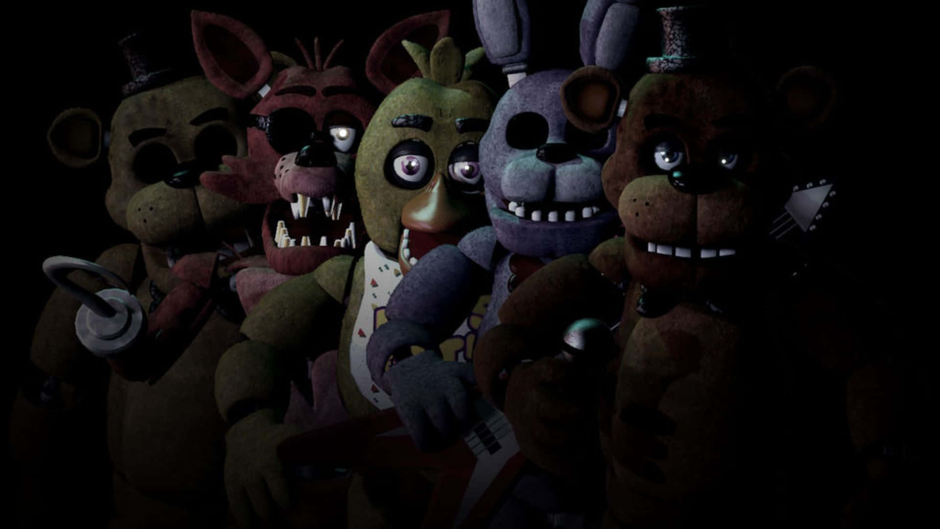 Scary Fnaf 桌布 壁紙 — 五個破舊的電子動畫角色在黑暗詭異的環境中，用發光的眼睛威脅地凝視著。