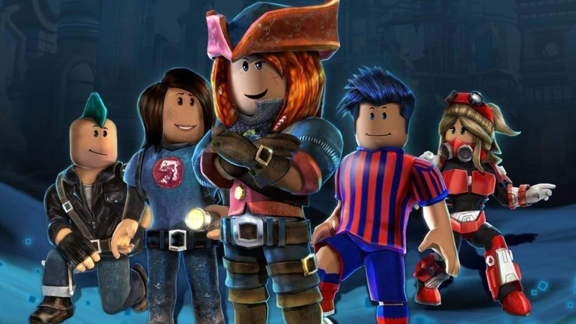 Roblox 桌布 壁紙 — 五個穿著不同服裝的Roblox頭像在昏暗的城市環境中站在一起，地板瓷磚發出藍色光芒。