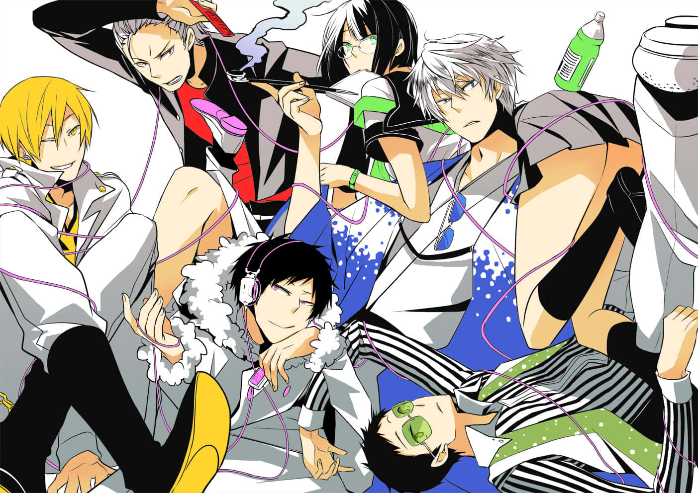 durarara 桌布 壁紙 — 五個穿著休閒服的動畫男孩一起閒逛，被紫色耳機線纏繞，表情放鬆。
