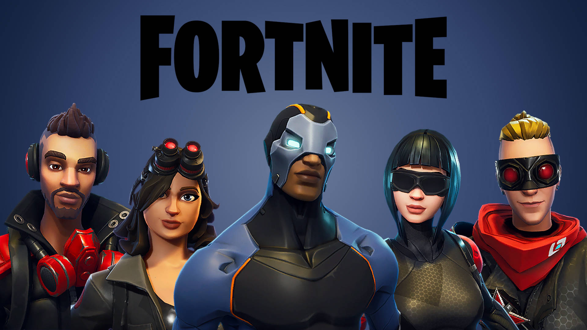 Fortnite 造型 桌布 壁紙 — 五個穿著未來裝備的 Fortnite 角色站在遊戲大膽的標誌前，背景為深藍色。