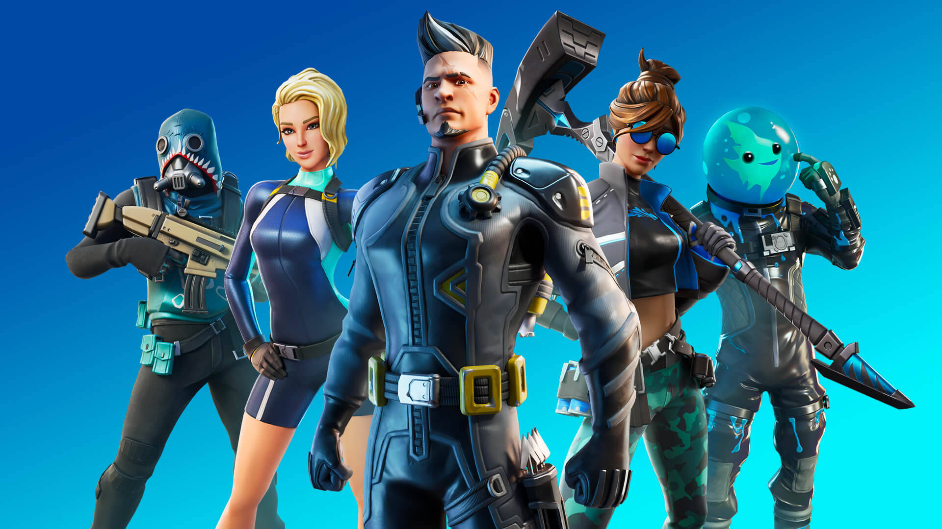 電玩遊戲 桌布 壁紙 — 五個穿著未來裝備的Fortnite角色在充滿活力的藍色漸變背景前自信地擺姿勢。