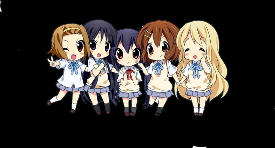 Anime Chibi 桌布 壁紙 — 五個穿著校服的Q版動畫女孩在黑色背景前開心地擺姿勢，擁有不同的髮色和俏皮的表情。