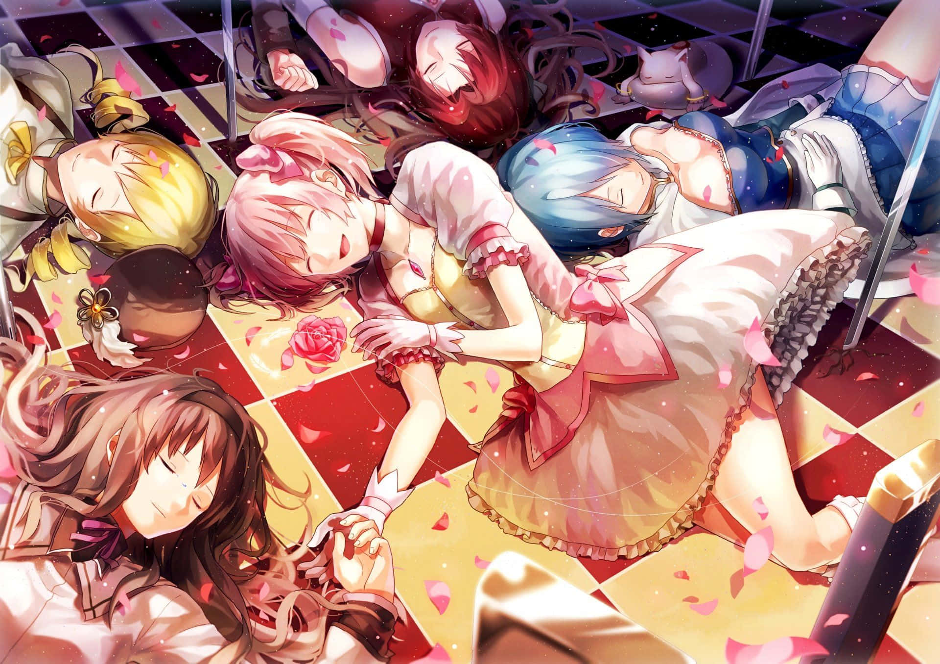 puella magi madoka magica 桌布 壁紙 — 五個穿著校服的動漫女孩在方格地板上平靜地睡著，粉紅玫瑰花瓣在她們周圍飄落。