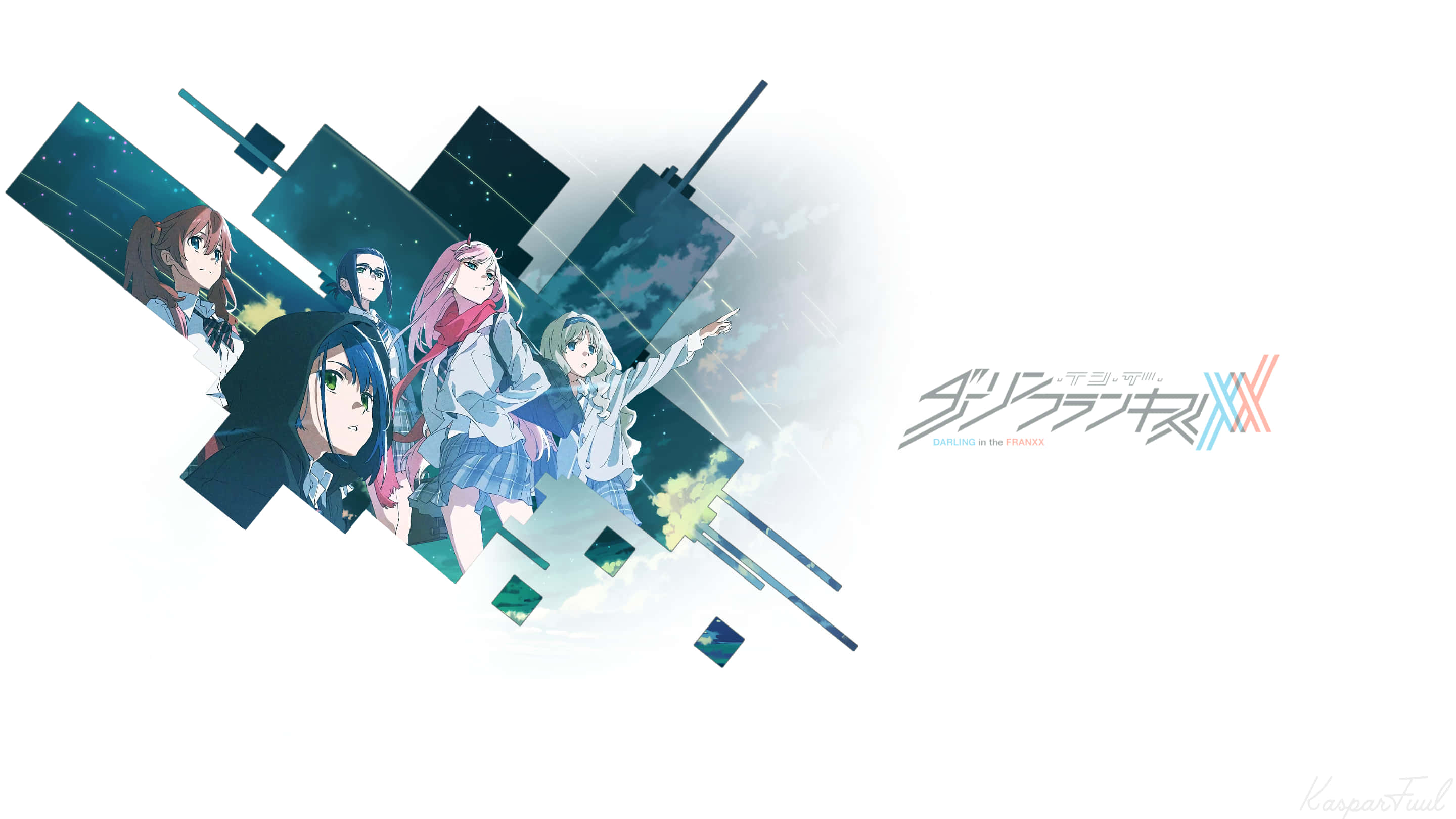 DARLING in the FRANXX 桌布 壁紙 — 五個穿著校服的動漫女孩在星空下漂浮在破碎的城市景觀面板之間。