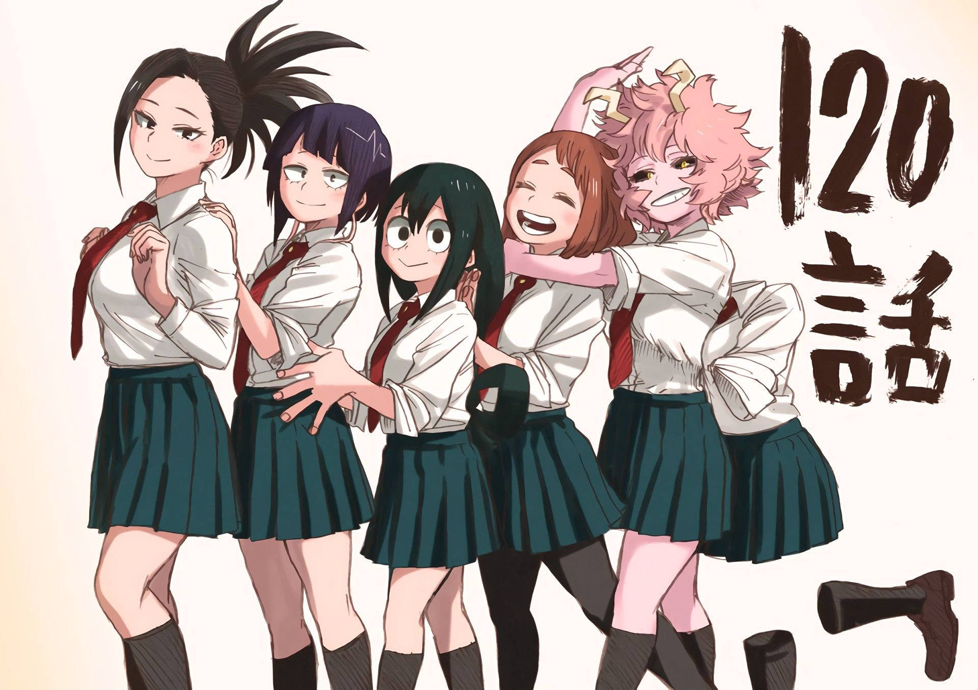 Bnha 桌布 壁紙 — 五個穿著校服的動漫女孩擠在一起，對著樸素的背景歡笑，充滿喜悅的能量。