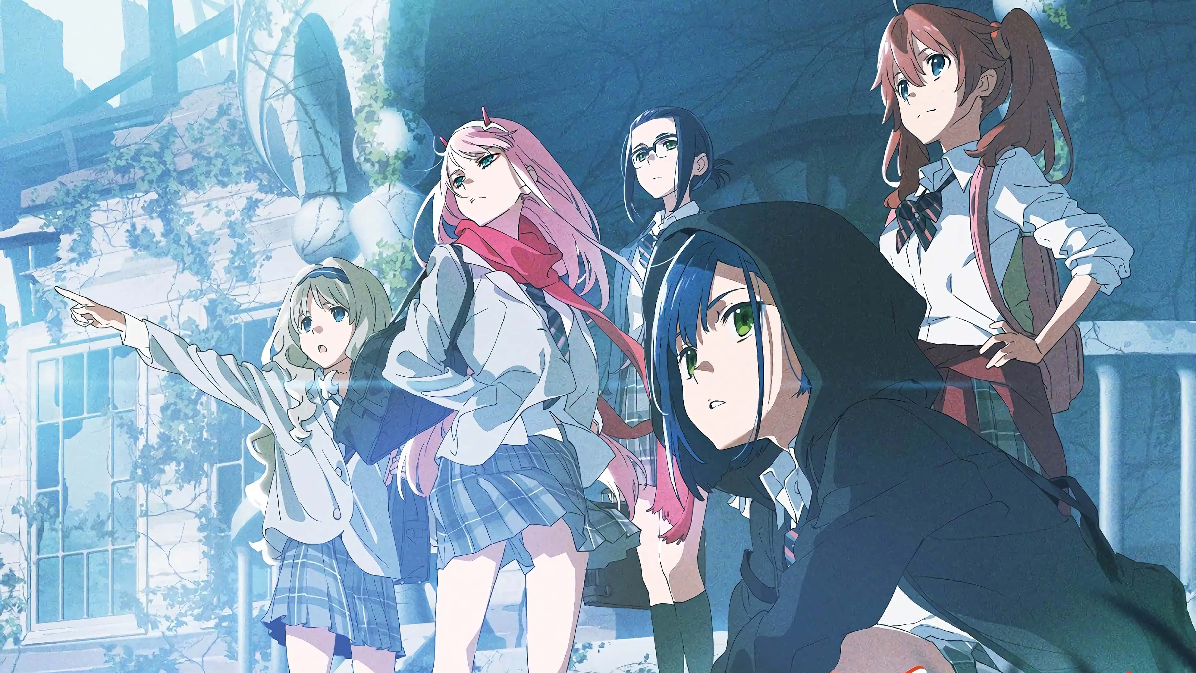 DARLING in the FRANXX 桌布 壁紙 — 五個穿著校服的動漫女孩站在一個有藤蔓和破窗的酷炫藍調城市廢墟中。
