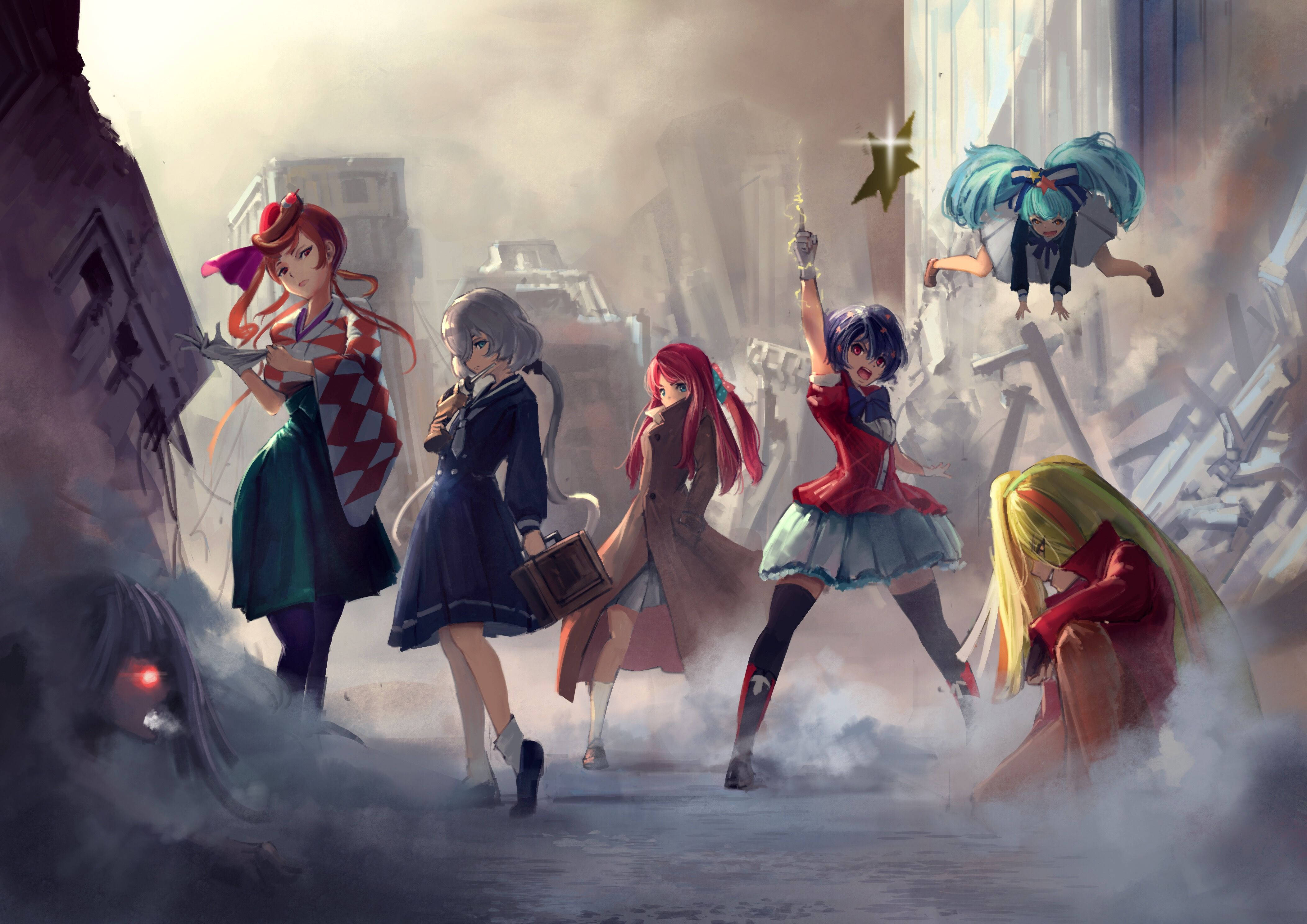 zombie land saga 桌布 壁紙 — 五個穿著校服的動漫女孩站在煙霧瀰漫的廢墟城市景觀中，充滿挑釁，其中一個跳躍在空中。