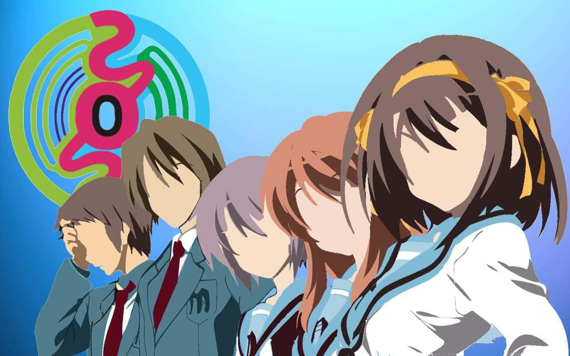 The Melancholy Of Haruhi Suzumiya 桌布 壁紙 — 五個穿著校服的動漫學生在明亮的藍色背景前以側面站立，帶有彩色螺旋標誌。