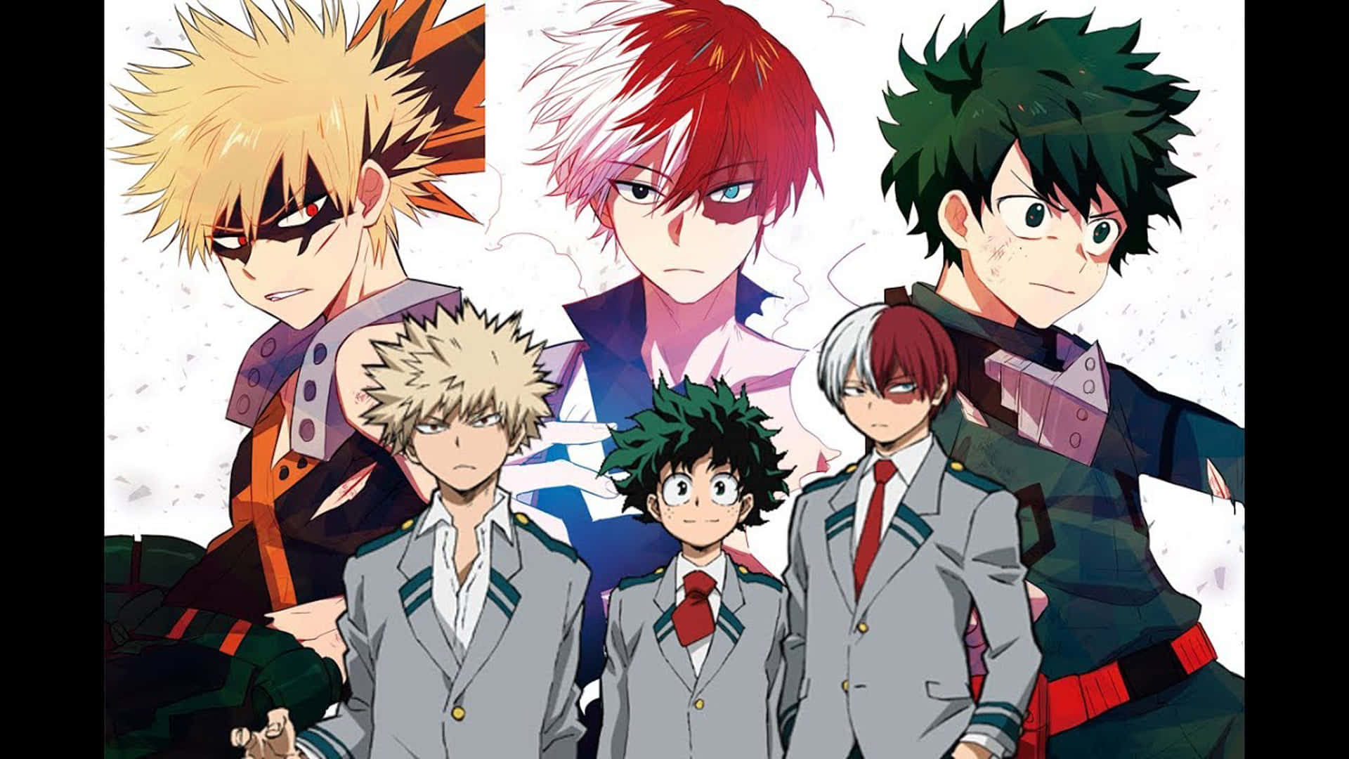 Deku And Todoroki 桌布 壁紙 — 五個穿著校服的動漫英雄在雪景背景下以堅定的表情擺姿勢。