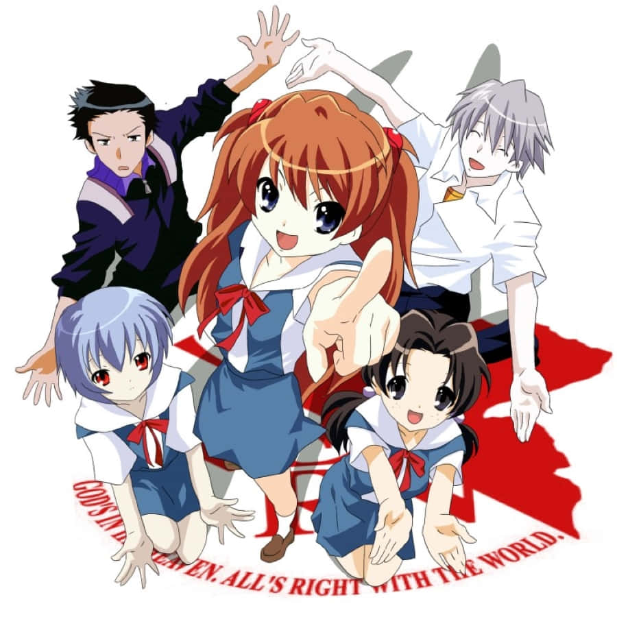 Hikari Horaki 桌布 壁紙 — 五個穿著校服的動漫角色在紅白背景前充滿活力地擺姿勢，並帶有文字。