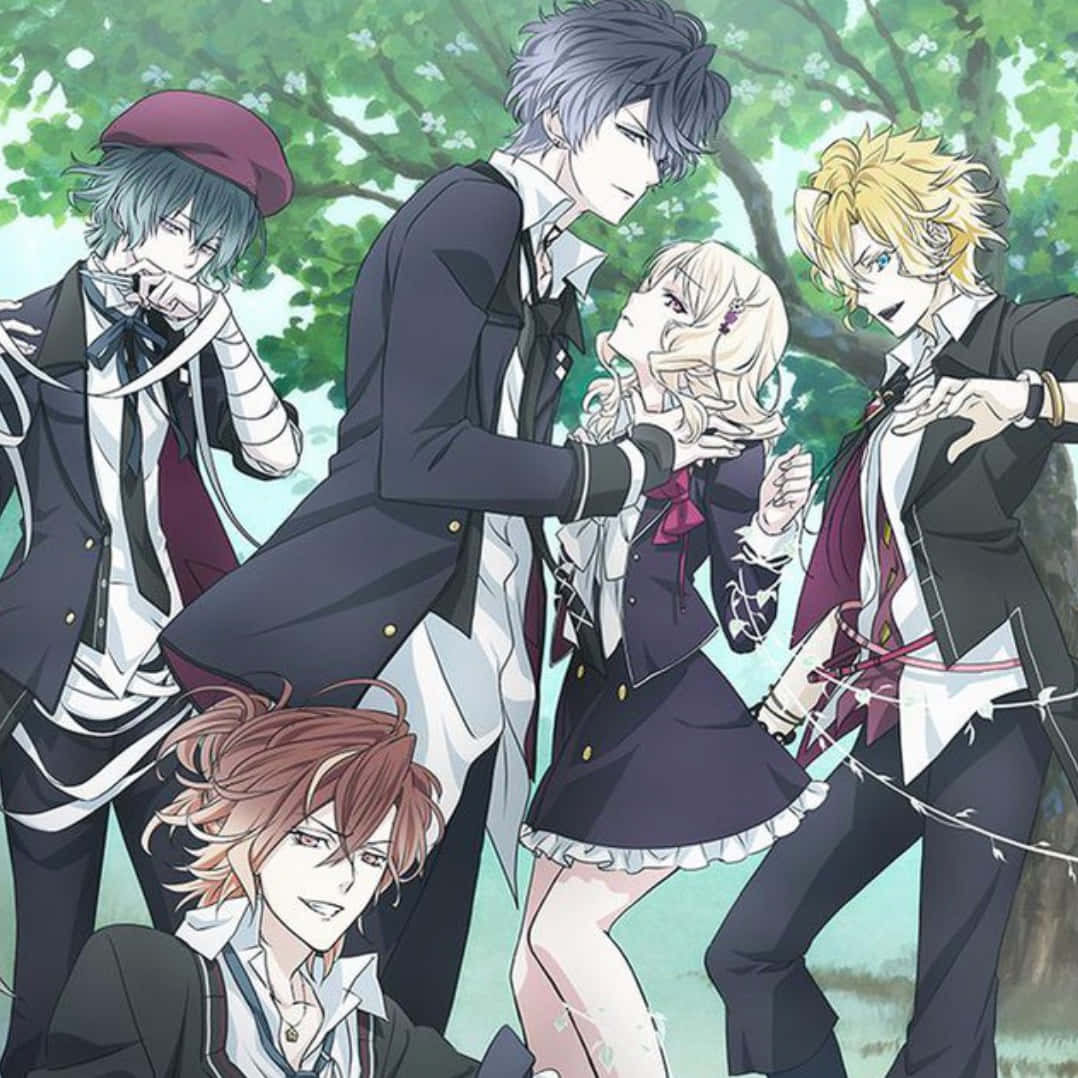 Diabolik Lovers 桌布 壁紙 — 五個穿著校服的動漫角色在茂密的綠樹下戲劇性地擺姿勢，構成充滿活力的戶外場景。