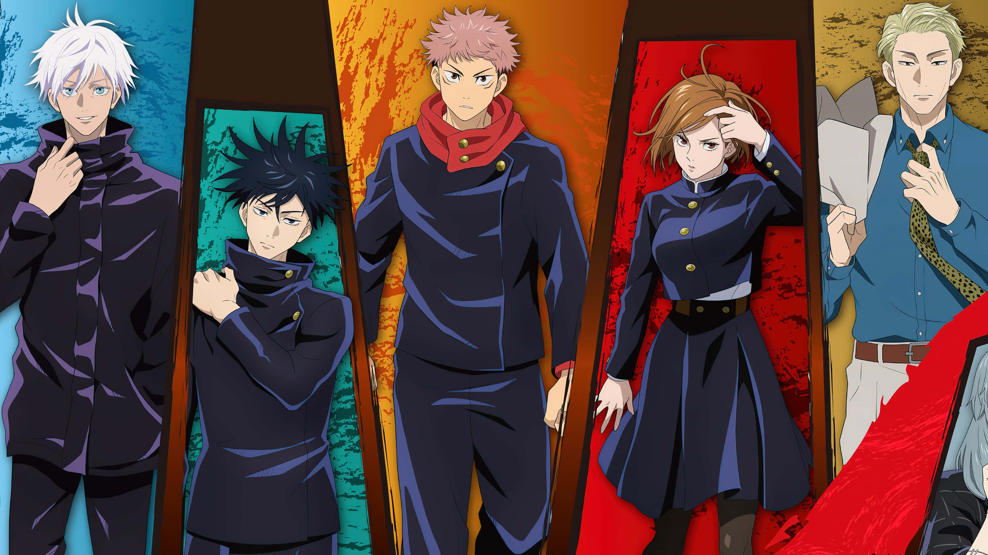 Anime All Characters HD 桌布 壁紙 — 五個穿著校服的動漫角色站在鮮豔的彩色面板前，表情強烈。