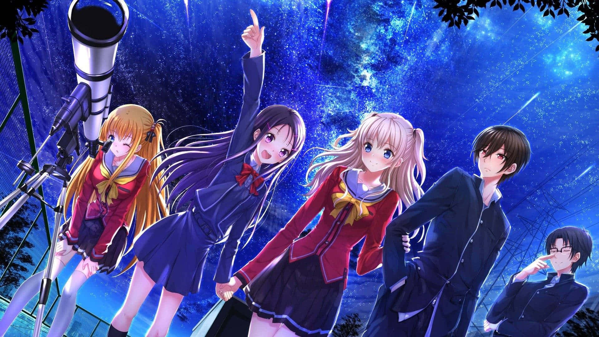 動漫 桌布 壁紙 — 五個穿著校服的動漫青少年站在望遠鏡旁邊，仰望星空。