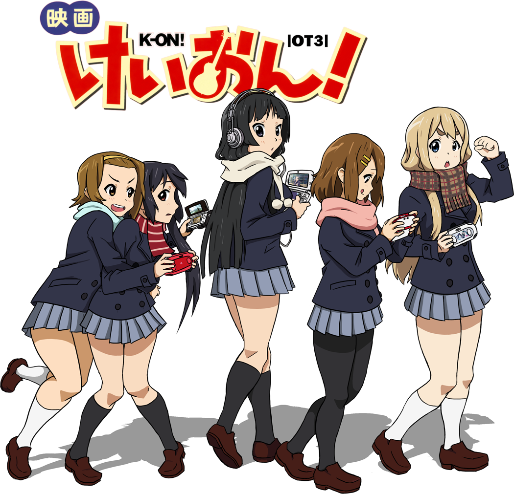 K 桌布 壁紙 — 五個穿著校服的動畫女孩在粉紅色標題橫幅前帶著興奮的表情玩掌上遊戲。
