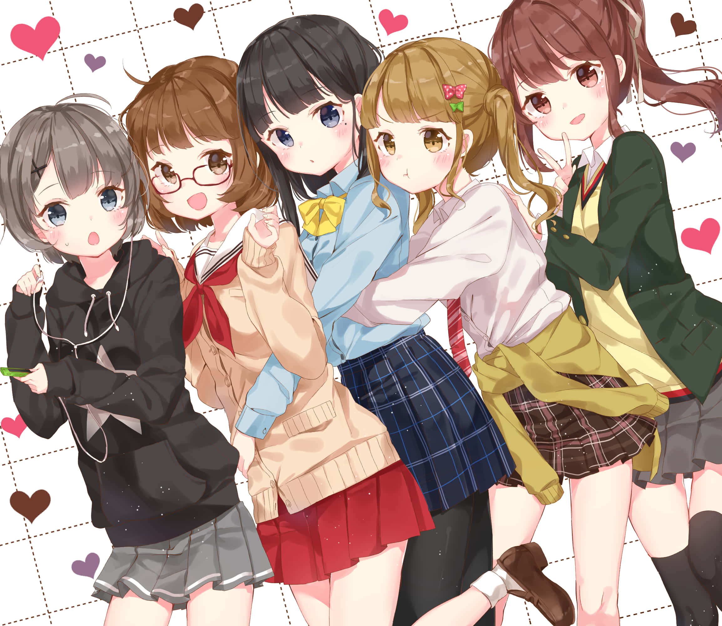 老友記 桌布 壁紙 — 五個穿著校服的動畫女孩在網格背景前開心地擺姿勢，周圍漂浮著愛心。
