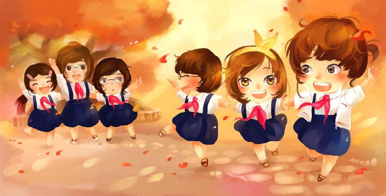 Friendship 桌布 壁紙 — 五個穿著校服的開心動畫女孩在溫暖的秋天天空下，在落葉中快樂地跳舞。