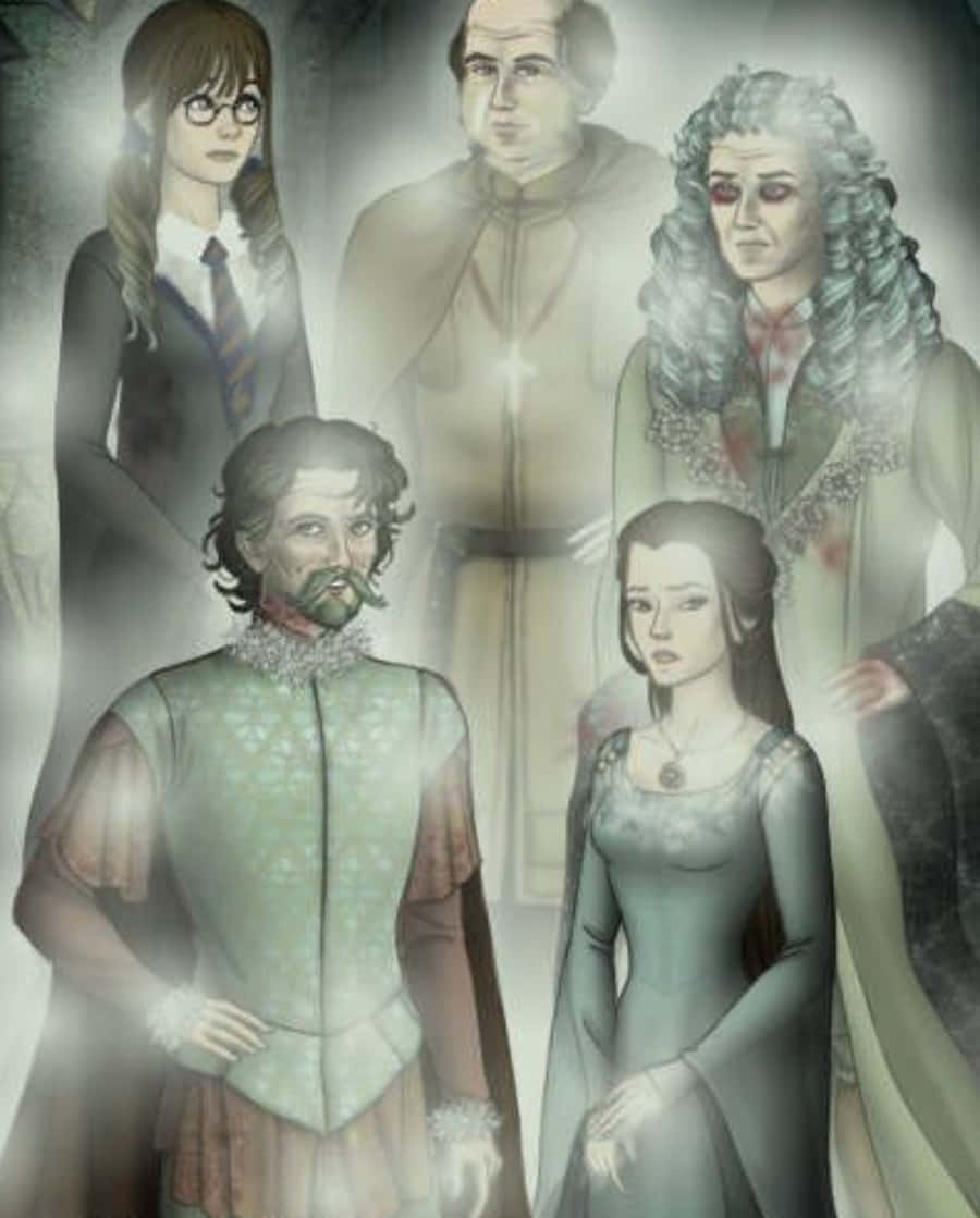 The Hogwarts Ghosts 桌布 壁紙 — 五個穿著歷史和現代服裝的空靈人物漂浮在霧氣瀰漫、幽靈般的氛圍中，色調柔和低調。