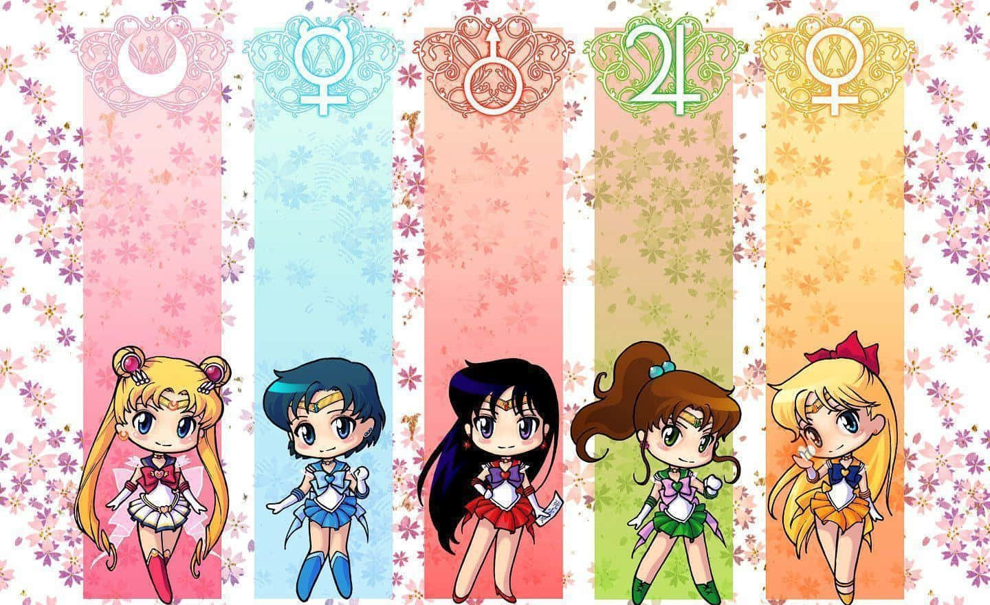 五個穿著水手服的Q版動畫女孩站在帶有花卉圖案和占星符號的柔和色調橫幅上。 — 美少女戰士 GIF 壁紙