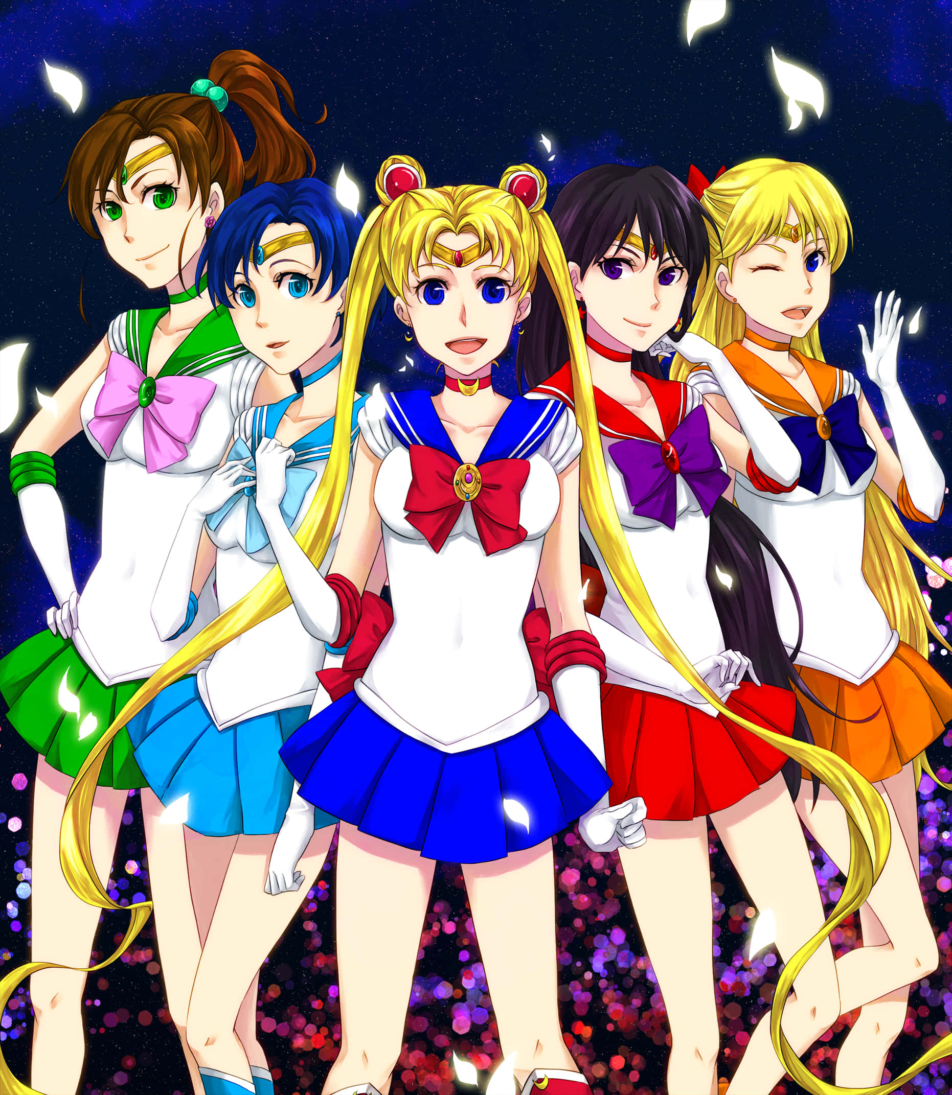 sailor mars 桌布 壁紙 — 五個穿著水手服的動漫女孩自信地站在閃爍的星空下，周圍漂浮著發光的花瓣。