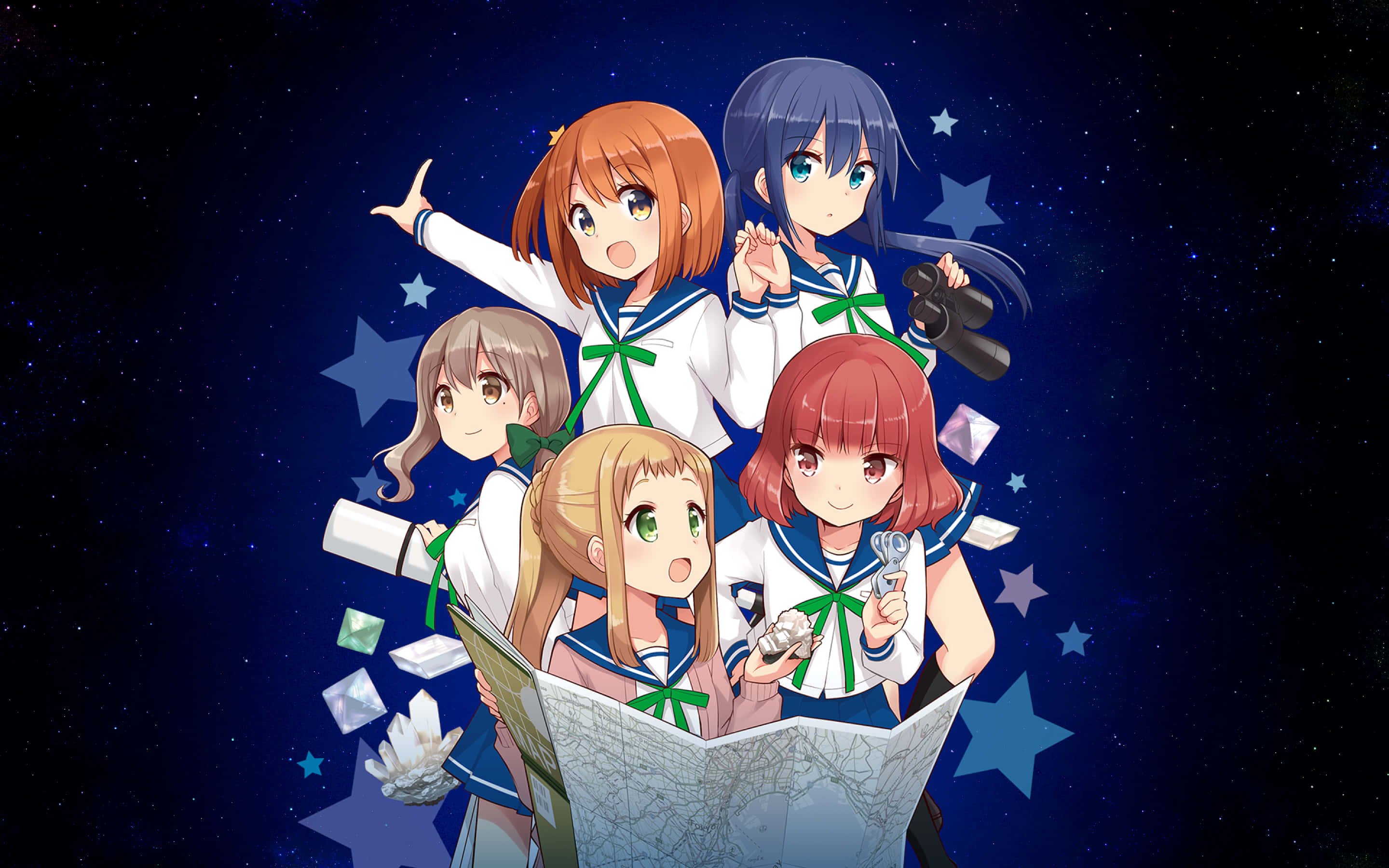 動漫 桌布 壁紙 — 五個穿著水手服的動畫女孩，拿著地圖和望遠鏡探索星空夜晚。