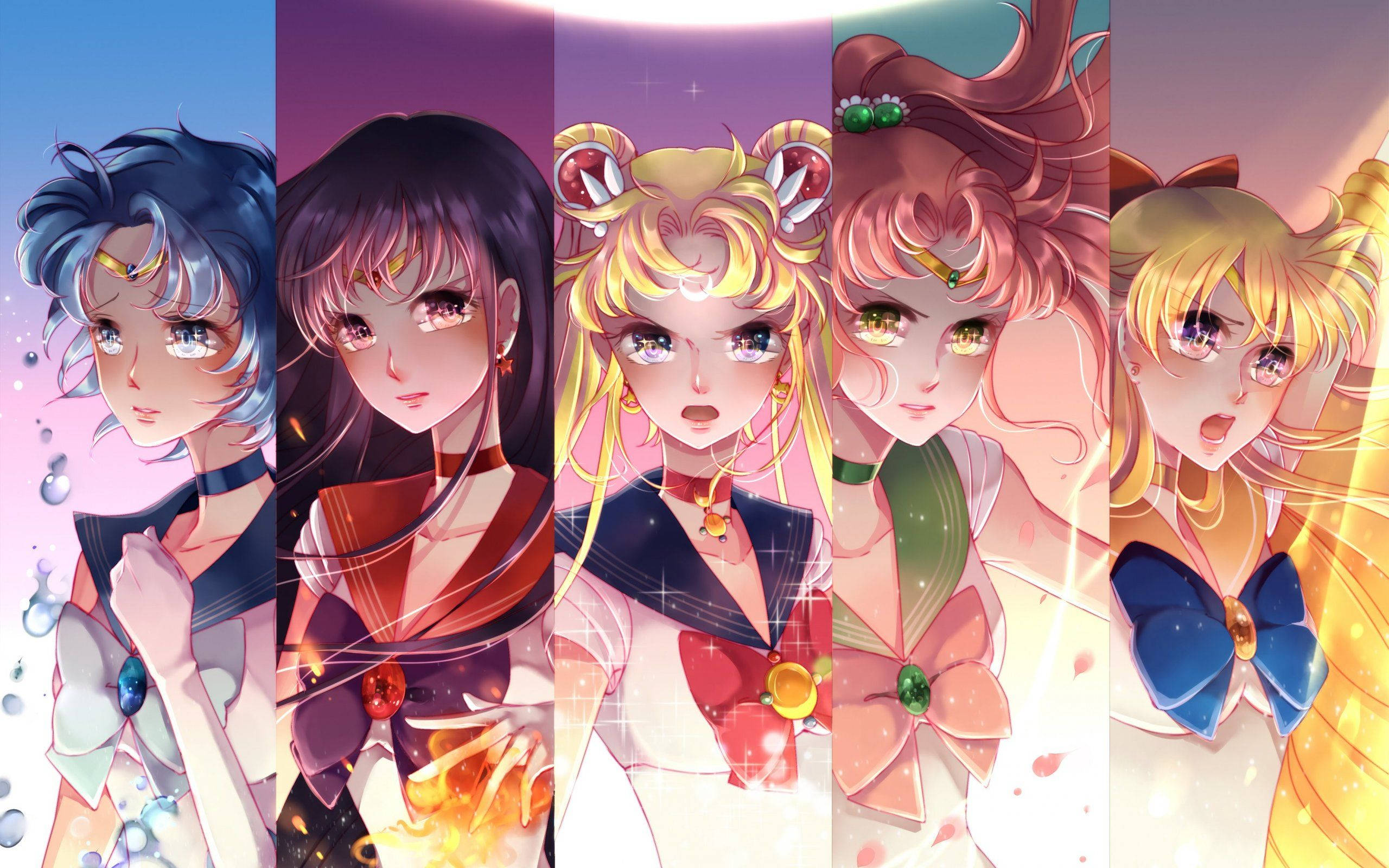 美少女戰士 桌布 壁紙 — 五個穿著水手服的動畫女孩並排站在色彩繽紛的漸變背景前，帶有閃爍效果。
