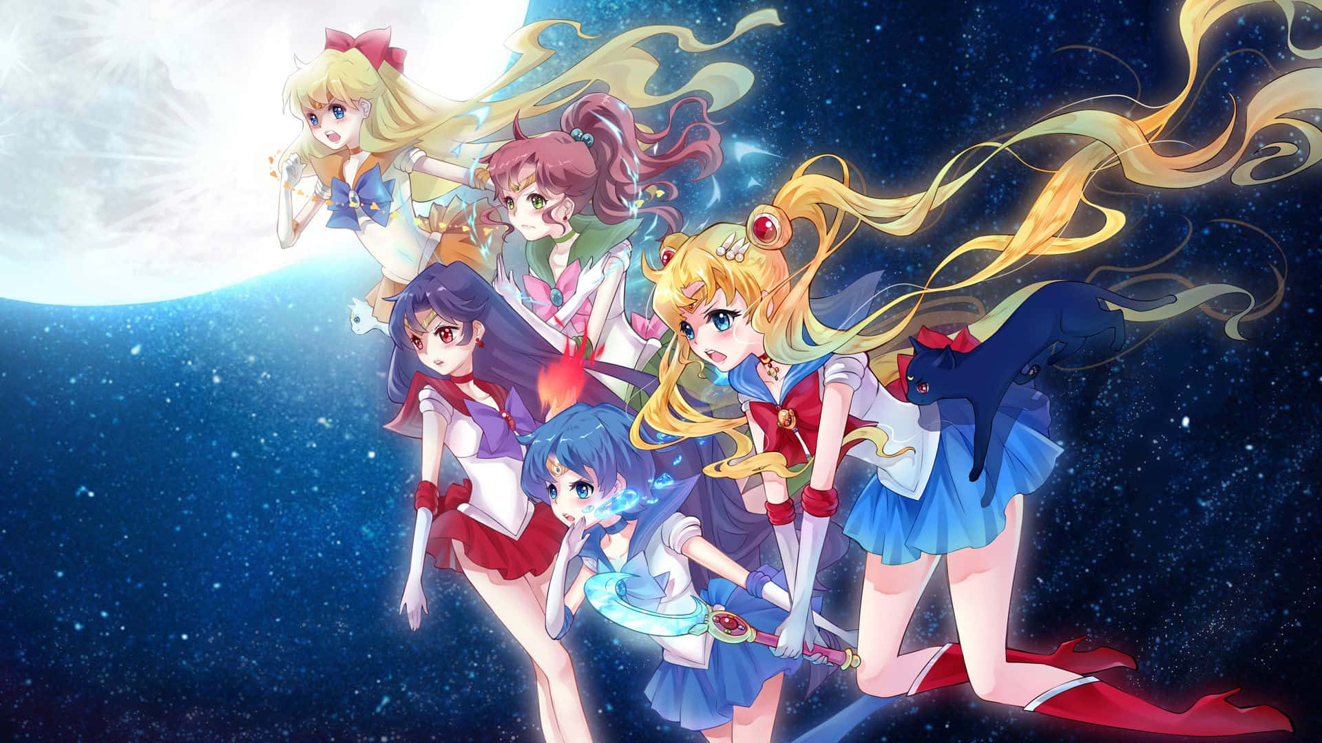 Aesthetic Sailor Moon 桌布 壁紙 — 五個穿著水手服的動畫女孩在一個有大型月亮的星空夜空背景下動態漂浮。