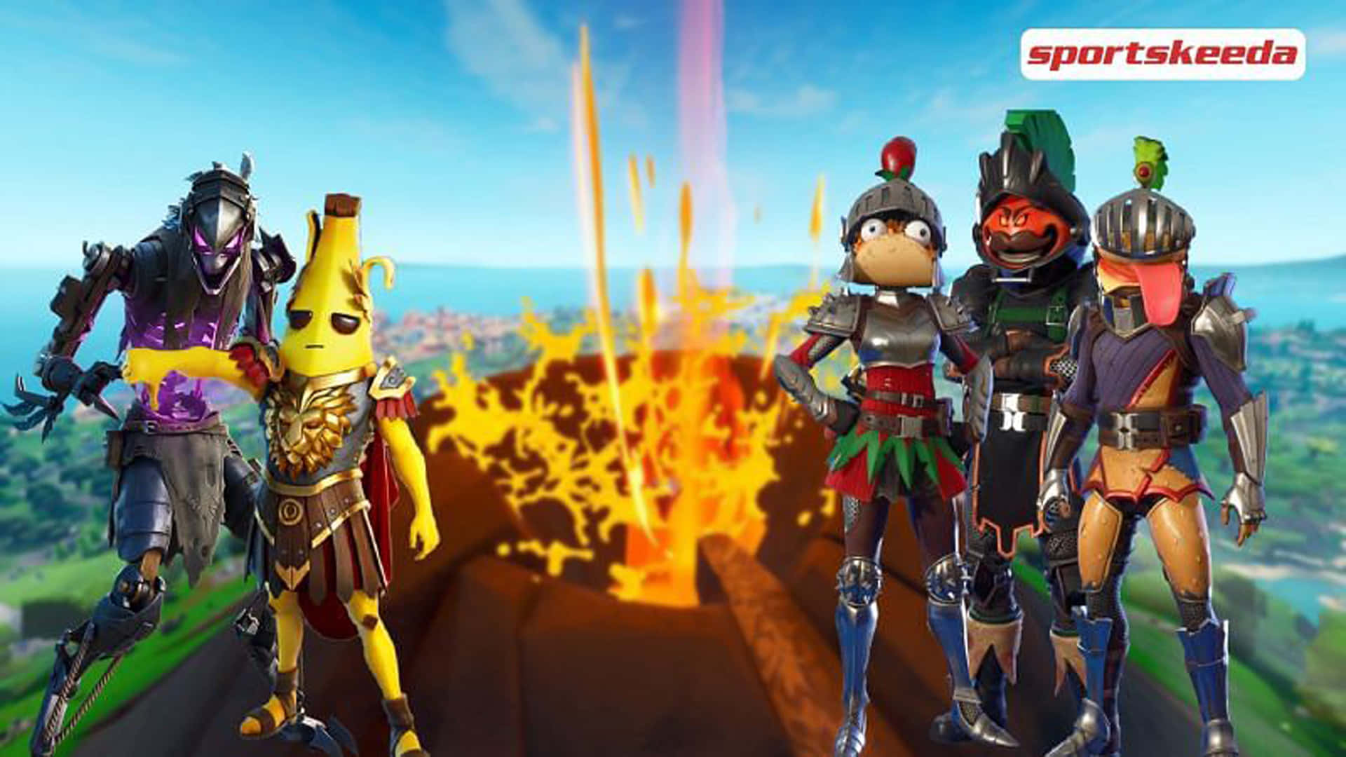桌布 壁紙 — 五個穿著盔甲的Fortnite角色站在火山頂上，背後有熔岩噴發，映襯著明亮的藍天。