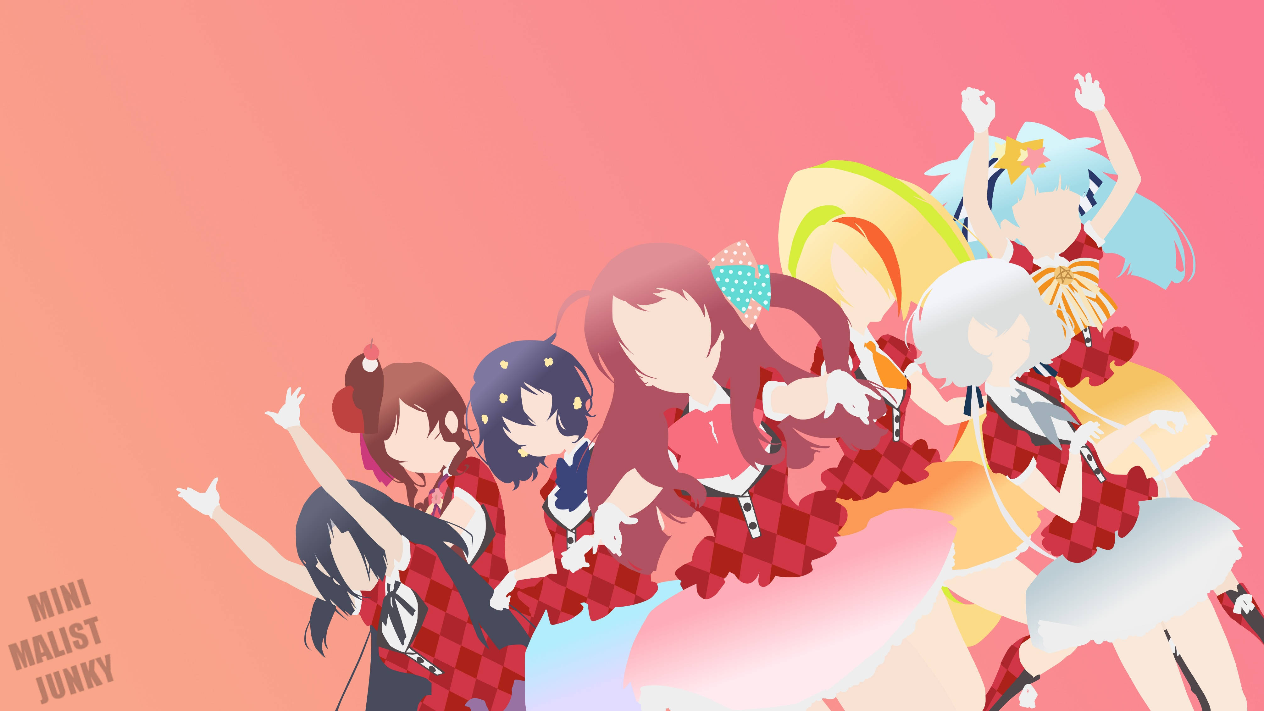 zombie land saga 桌布 壁紙 — 五個穿著紅色格子服裝的動漫女孩在柔和的粉紅色漸變背景上快樂地跳舞。