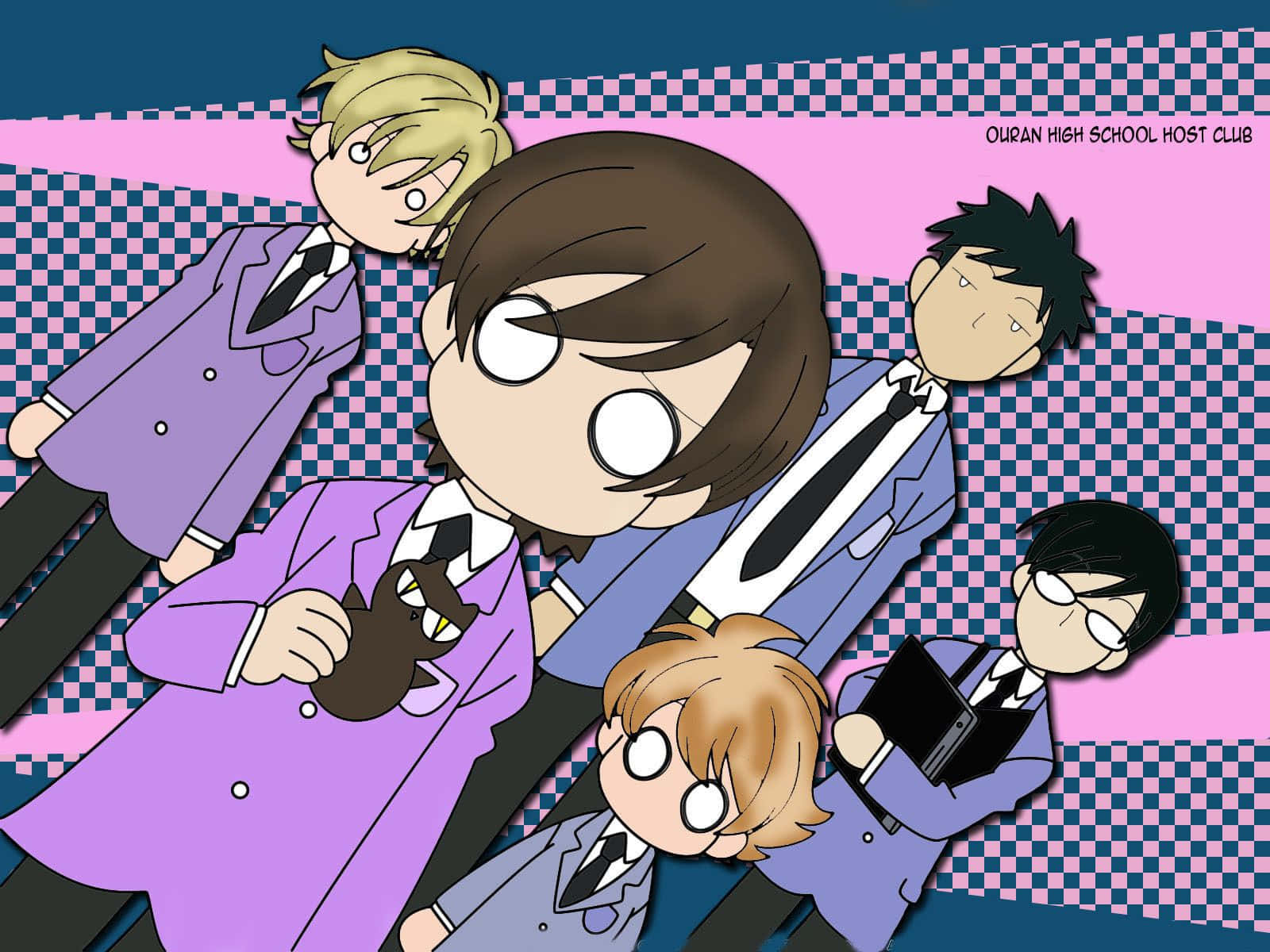 ouran high school host club 桌布 壁紙 — 五個穿著紫色西裝的動畫男孩在粉紅色和藍色格子背景前與一隻貓擺姿勢。