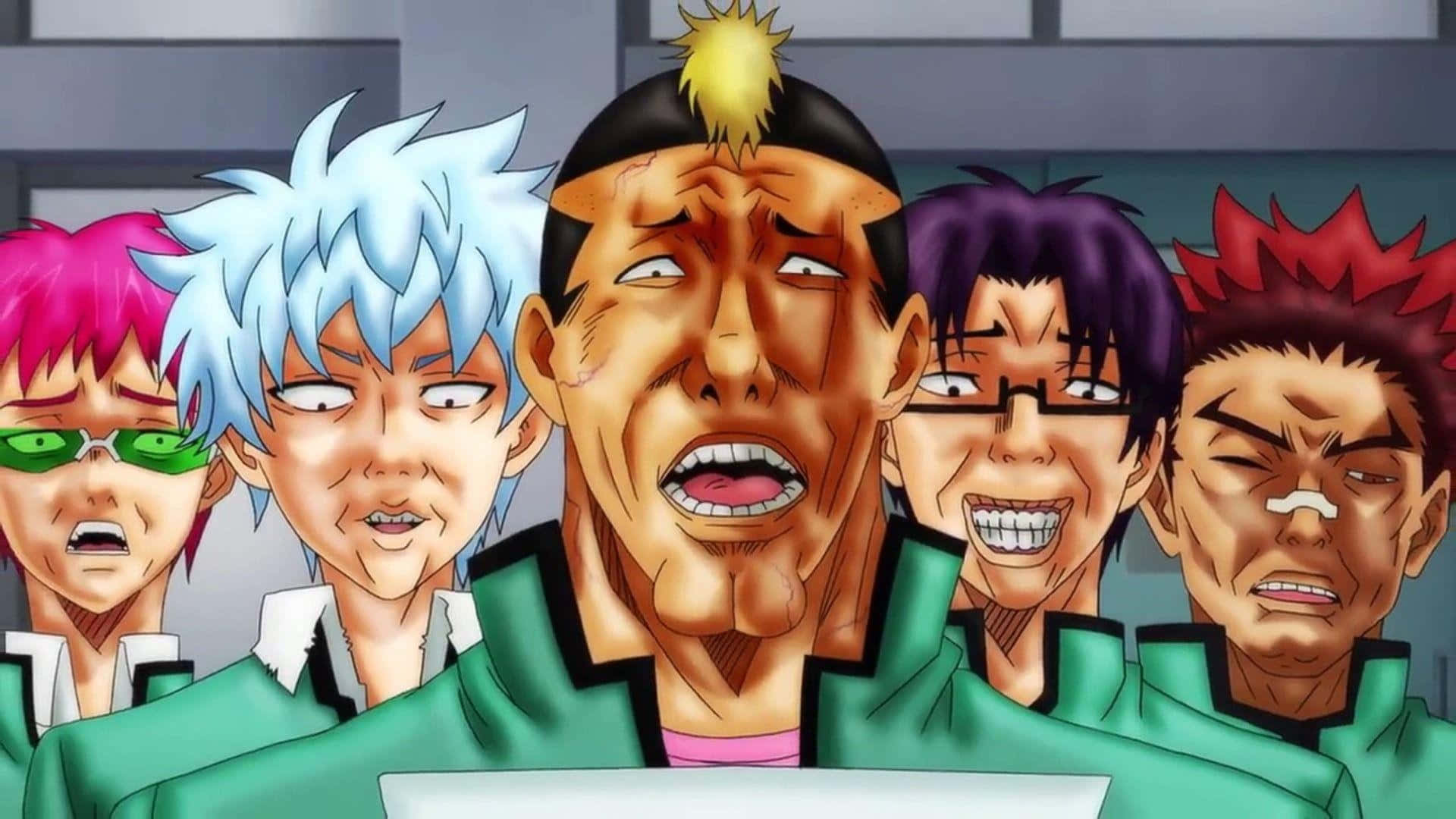The Disastrous Life Of Saiki K 桌布 壁紙 — 五個穿著綠色制服的動漫角色在特寫鏡頭中展現出強烈的表情。