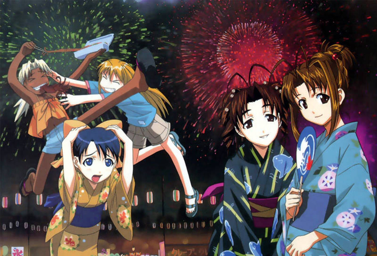 Hina 桌布 壁紙 — 五個穿著色彩繽紛和服的動畫女孩在夜晚燦爛的煙火下歡樂慶祝。