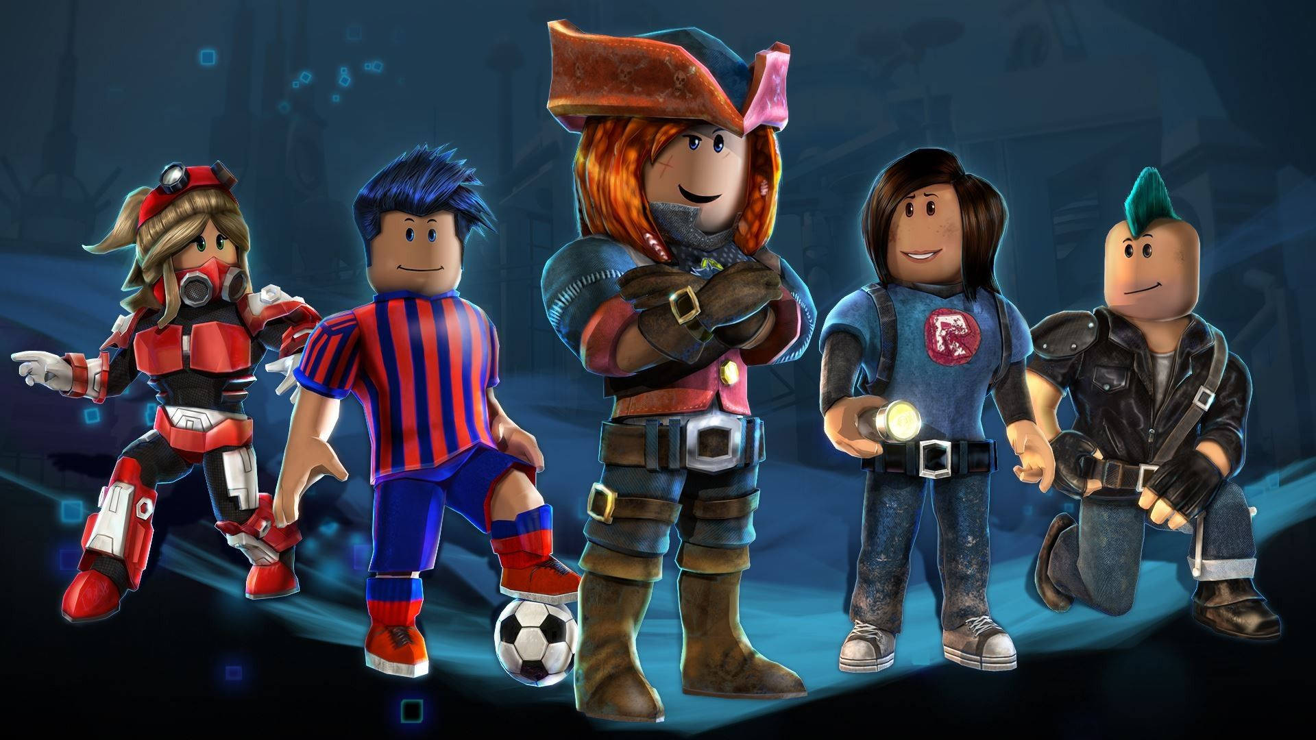 Roblox 桌布 壁紙 — 五個穿著色彩繽紛服裝的 Roblox 頭像，在發光的數位背景前自信地與足球擺姿勢。