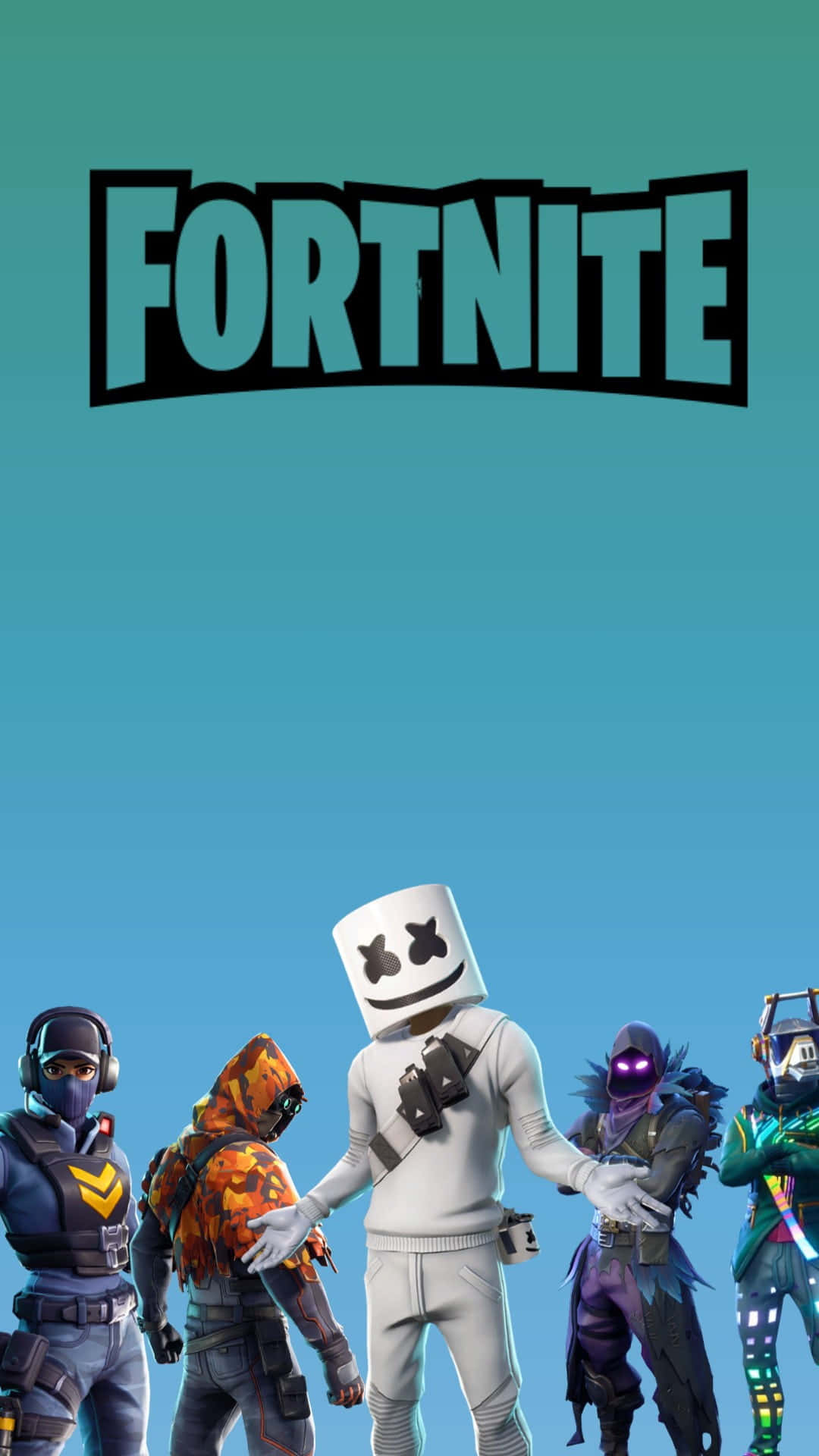Fortnite Marshmello 桌布 壁紙 — 五個穿著色彩繽紛服裝的Fortnite角色站在漸變青綠色的天空前，上方有遊戲標誌。