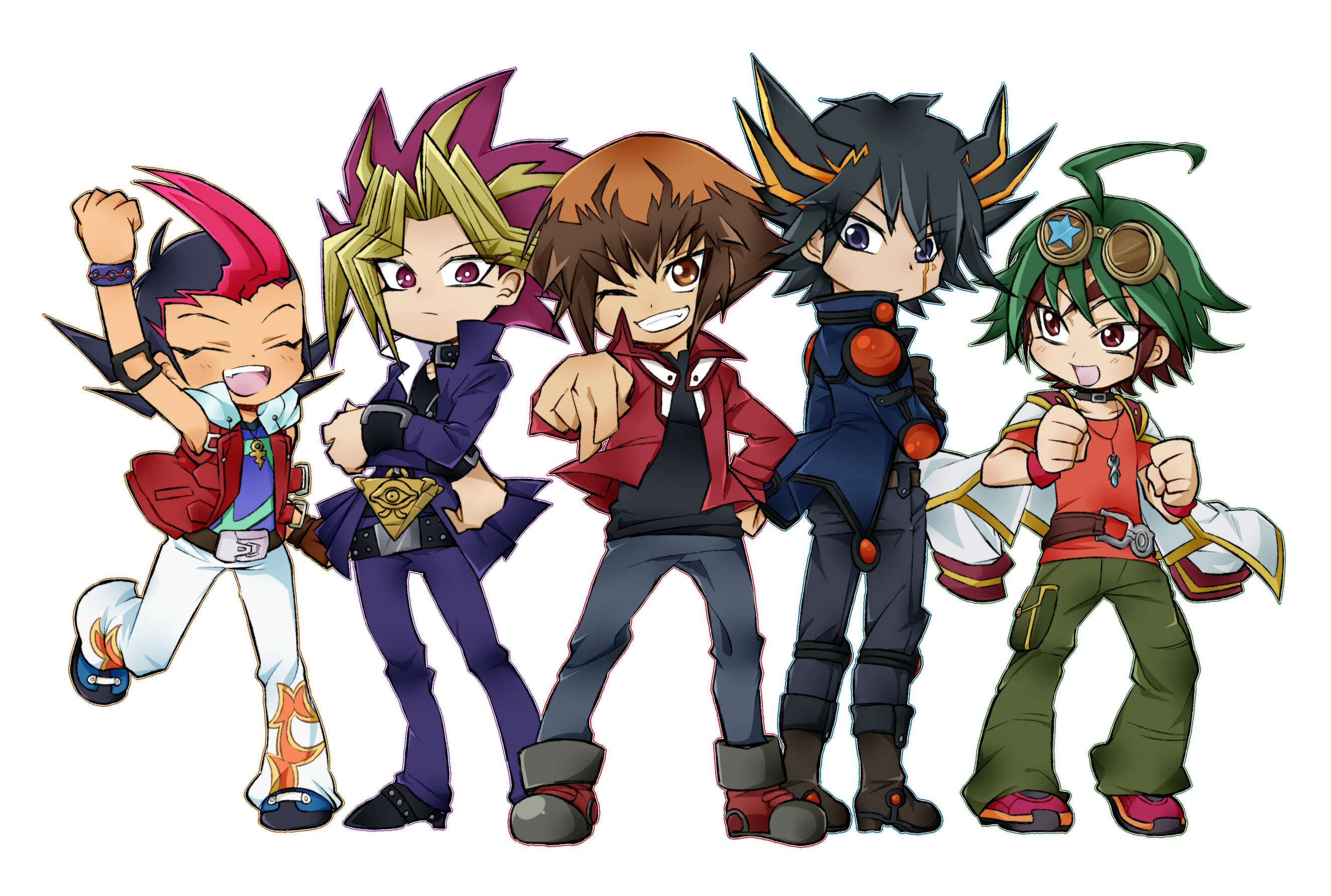 Yugioh 桌布 壁紙 — 五個穿著色彩繽紛服裝的Q版動漫角色在純白色背景前自信地擺姿勢。