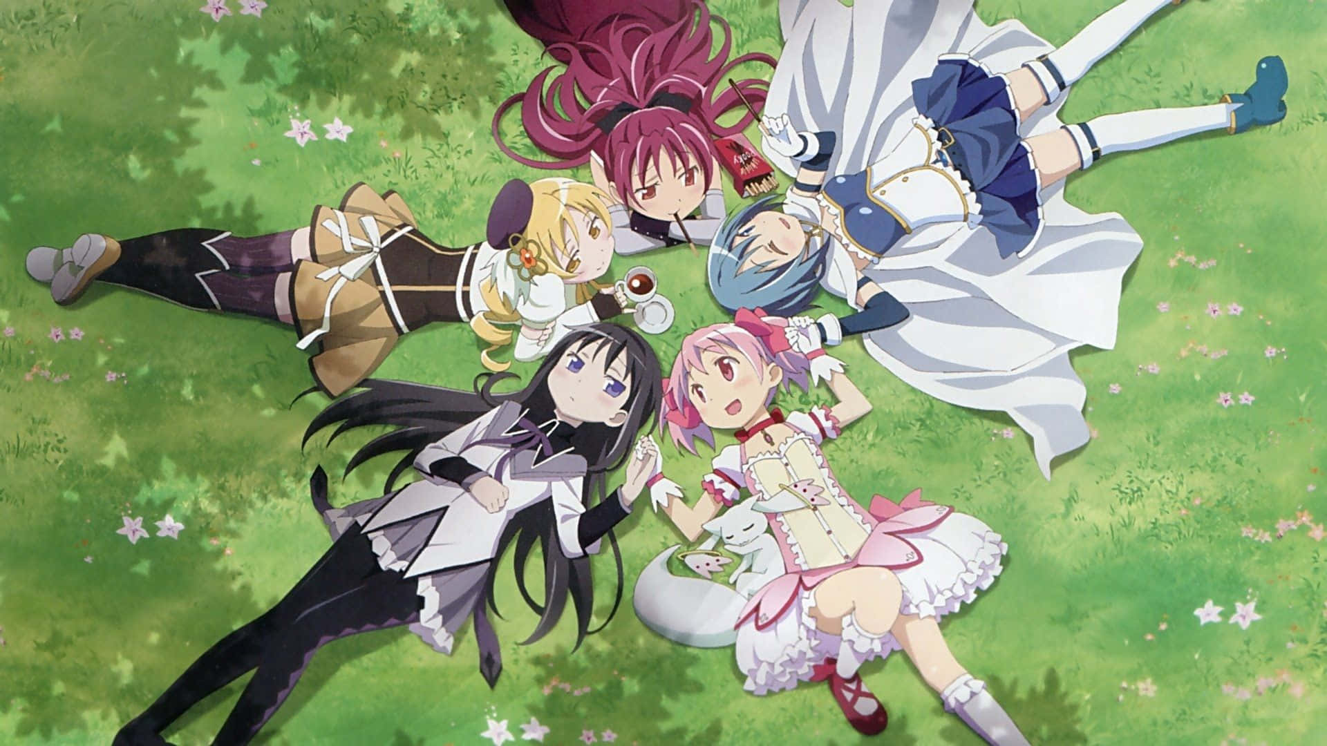 Madoka Magica 桌布 壁紙 — 五個穿著色彩繽紛服裝的動漫女孩，躺在點綴著小花的草地上放鬆聊天。