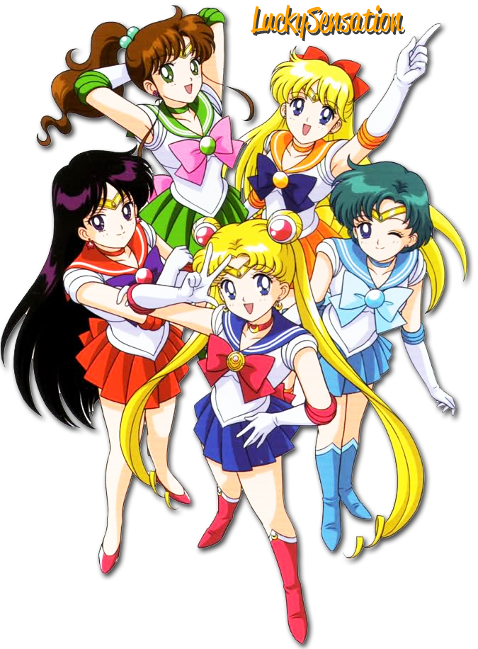sailor mars 桌布 壁紙 — 五個穿著色彩繽紛水手服的開朗動漫女孩在純白色背景前動態擺姿勢。