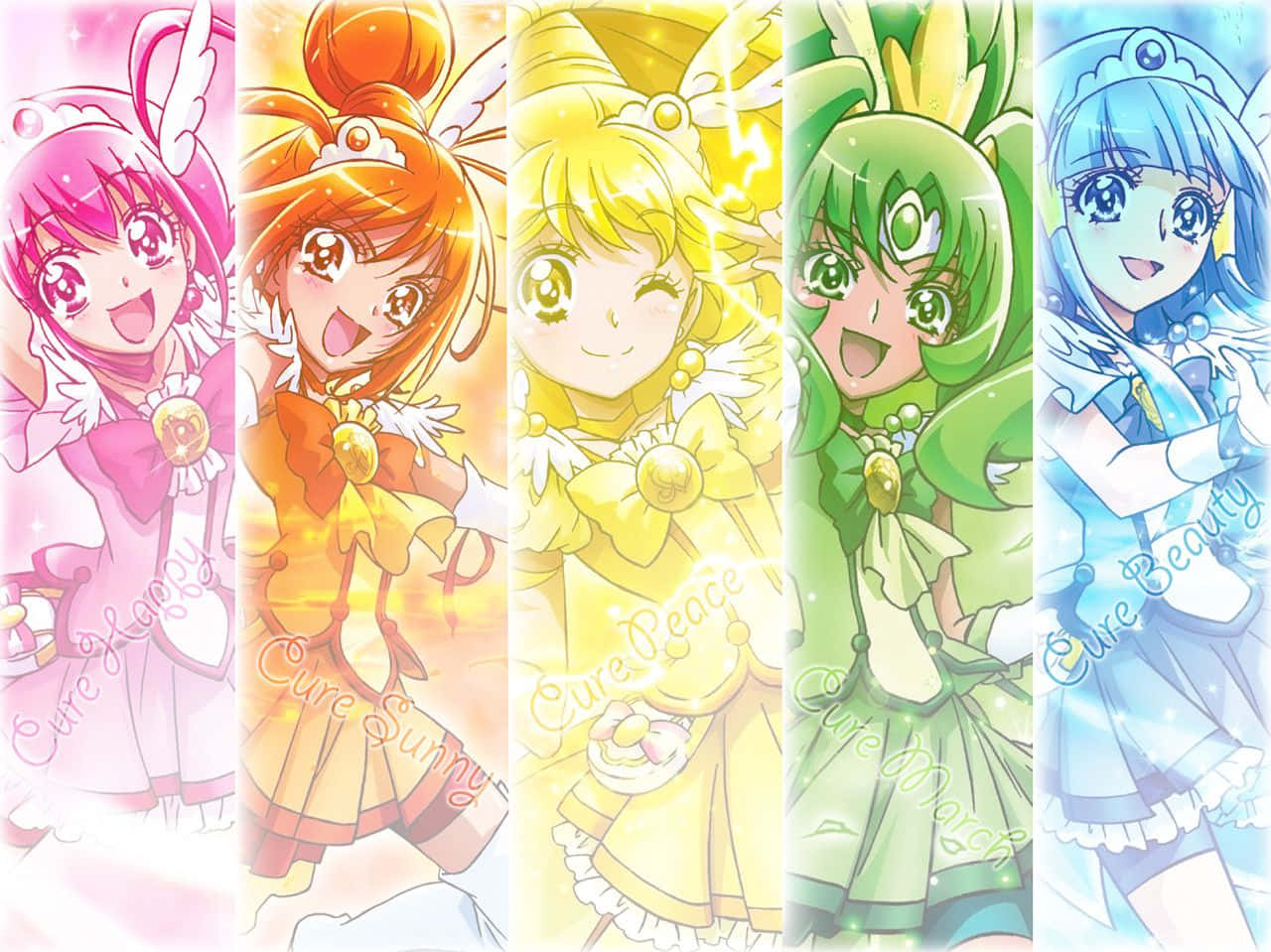 Glitter Force 桌布 壁紙 — 五個穿著色彩繽紛魔法少女服裝的開朗動畫女孩並排站立，帶有發光光環和閃爍效果。