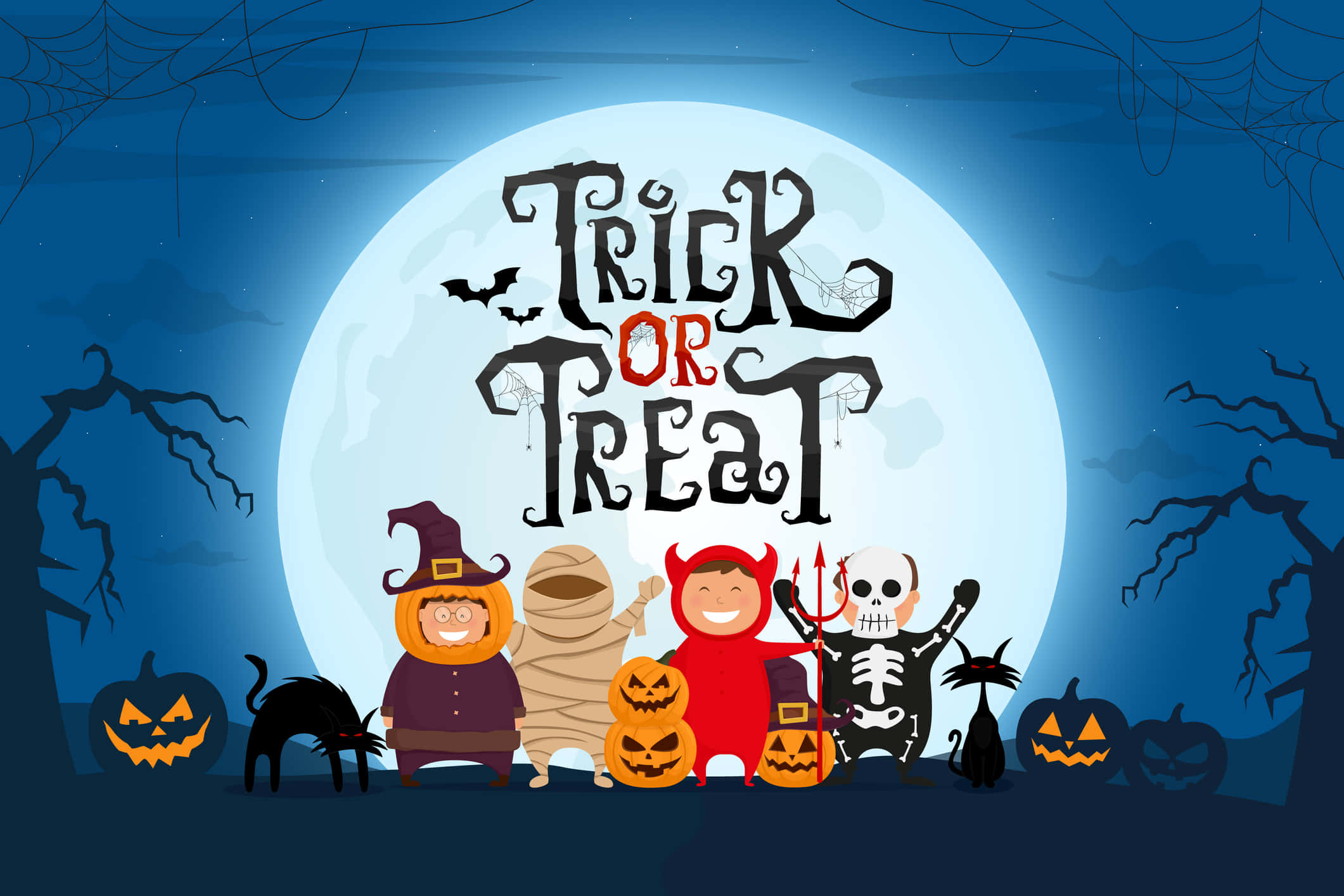 Trick Or Treat 桌布 壁紙 — 五個穿著萬聖節服裝的快樂卡通小孩，在陰森的樹下，南瓜和貓咪陪伴下，站在滿月前。