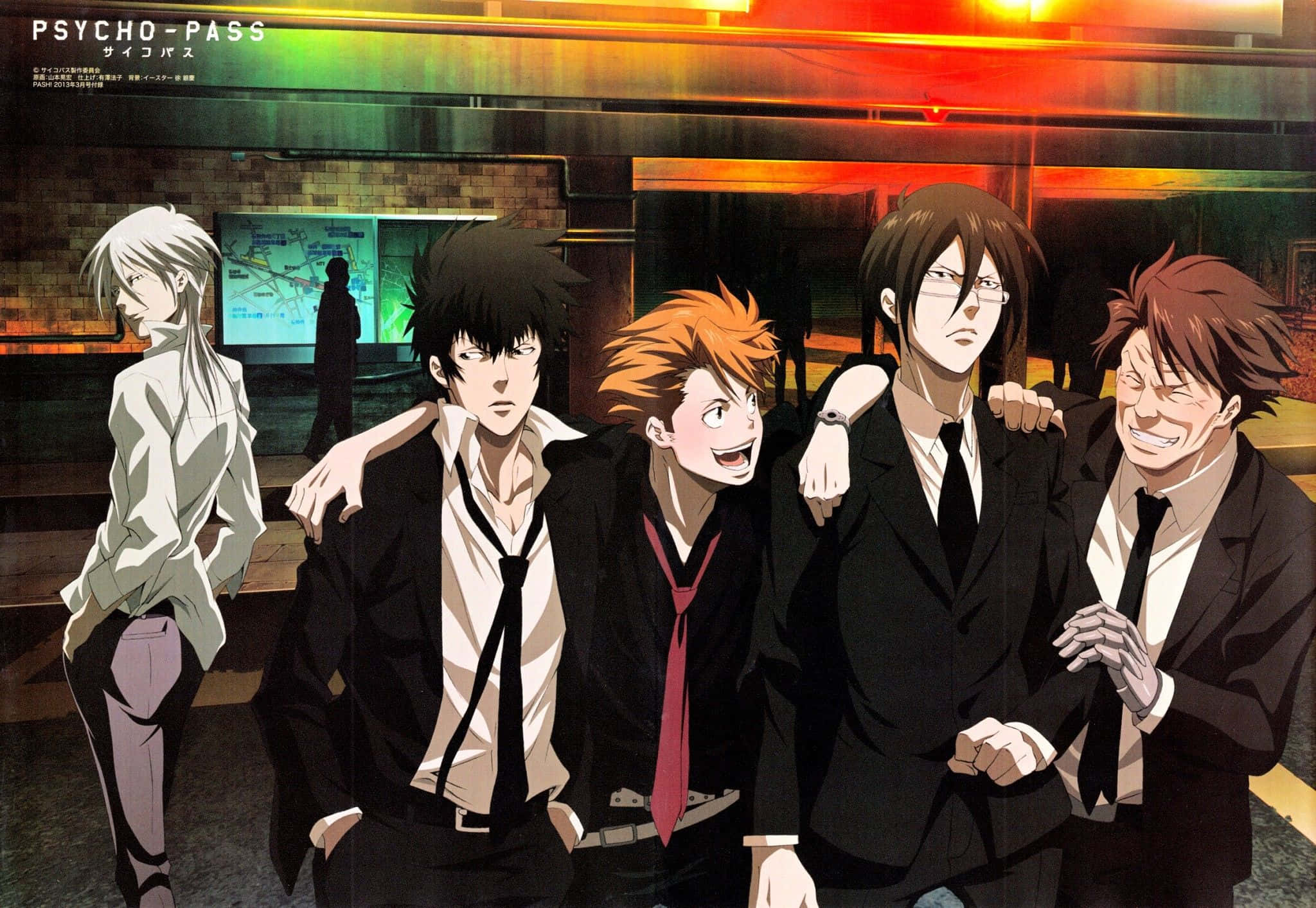 Shinya Kogami 桌布 壁紙 — 五個穿著西裝的動漫角色並肩站立在霓虹燈照亮的城市夜景中，背後有發光的招牌和地圖顯示屏。