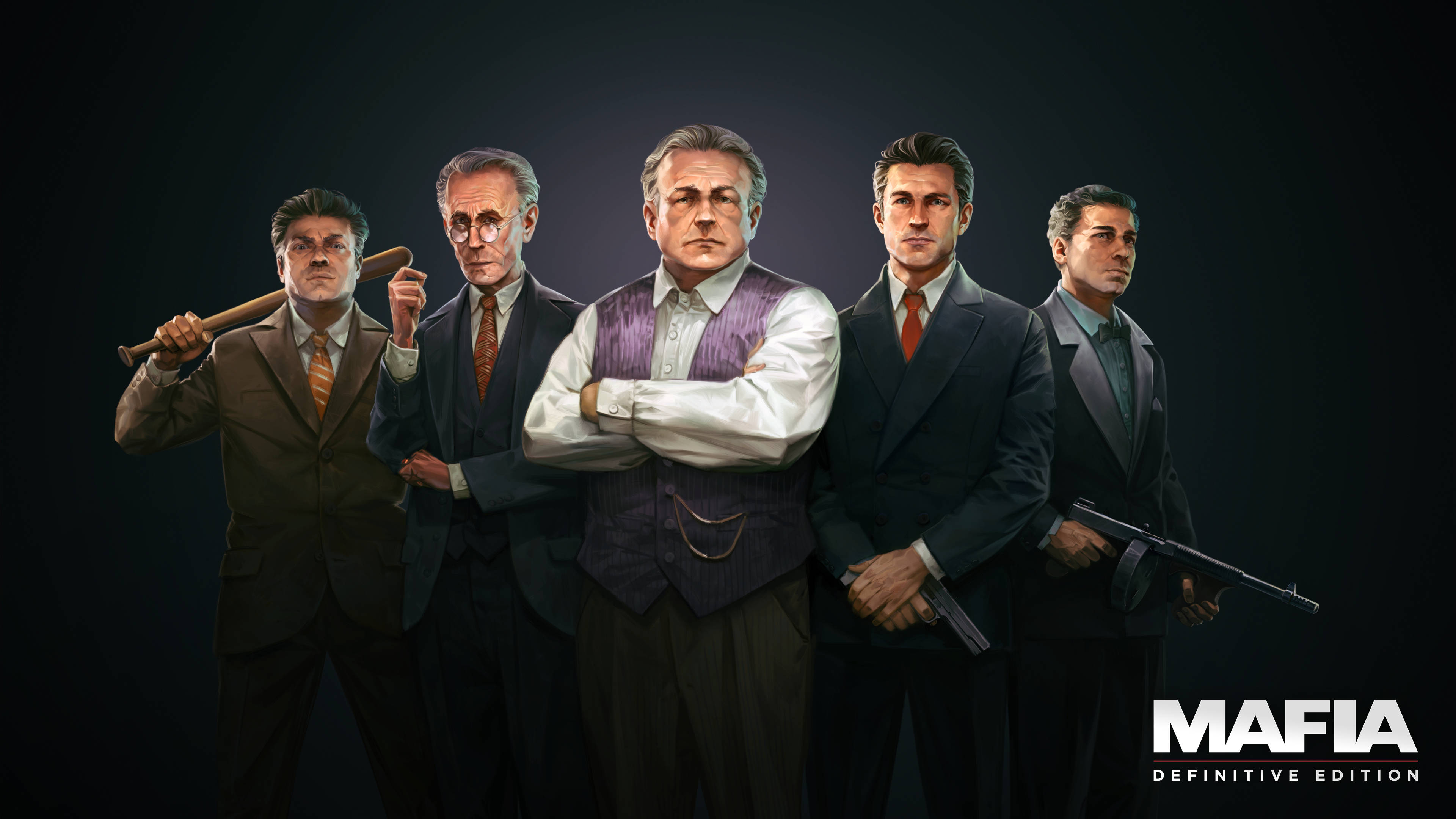 Mafia 桌布 壁紙 — 五個穿著西裝的嚴厲黑幫老大站在一個黑暗的房間裡，每人手持球棒和槍等武器。